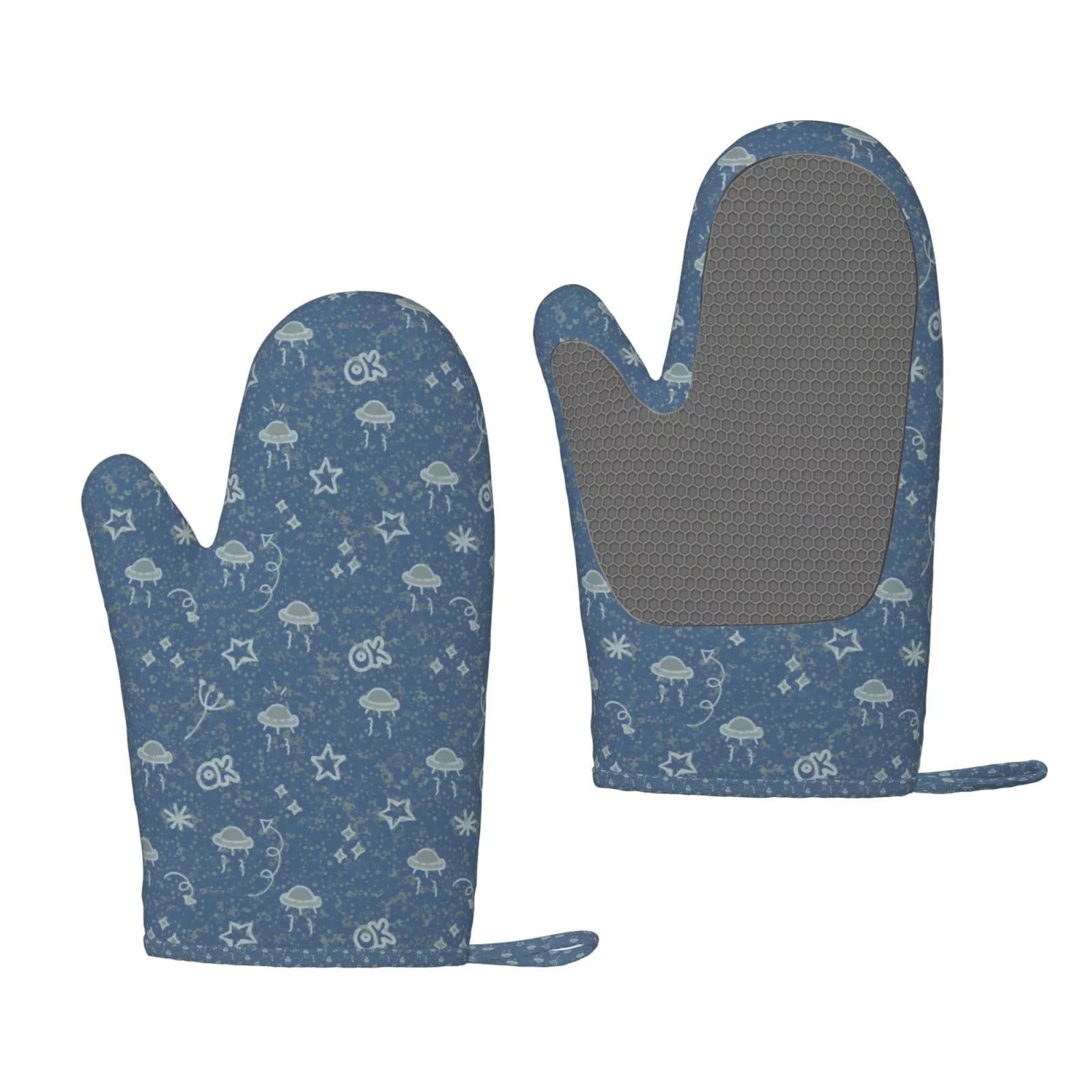 XMXT 2 Pcs Silicone Oven Mitts, Blue Cartoon Cosmic Print Thickened Non-Slip BBQ Gloves, Blue