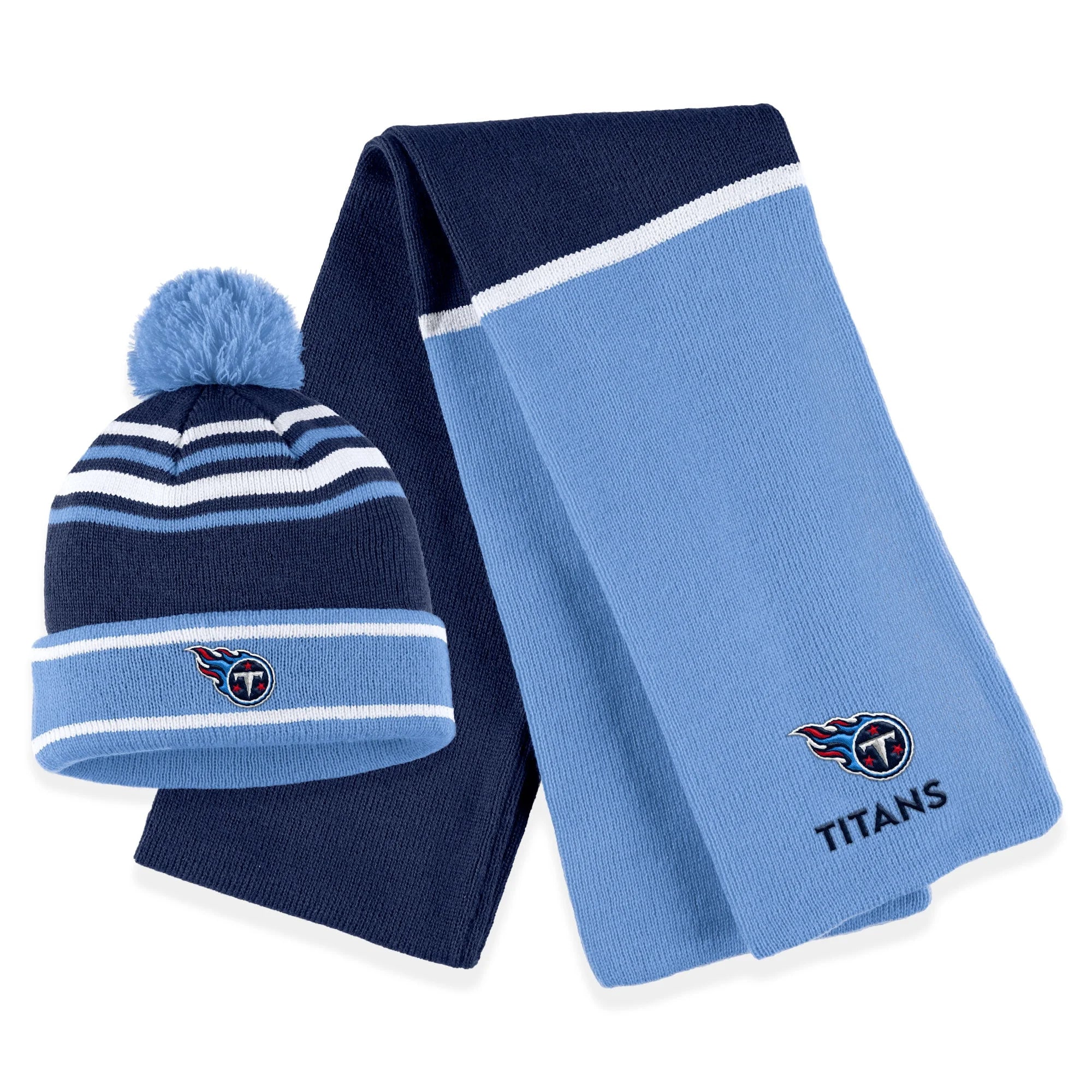 Women's WEAR by Erin Andrews Navy Tennessee Titans Colorblock Cuffed Knit Hat with Pom and Scarf Set - OSFA