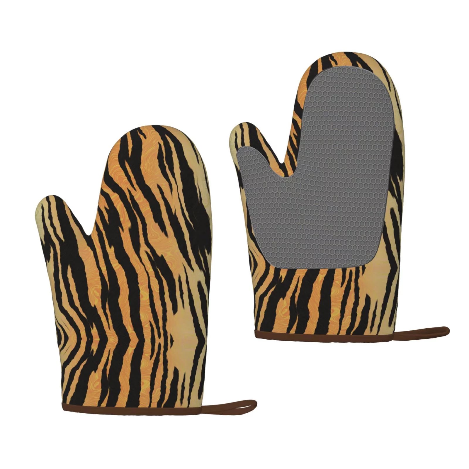XMXT 2 Pcs Silicone Oven Mitts, Brown Tiger Stripe Print Thickened Non-Slip BBQ Gloves, Multicolor