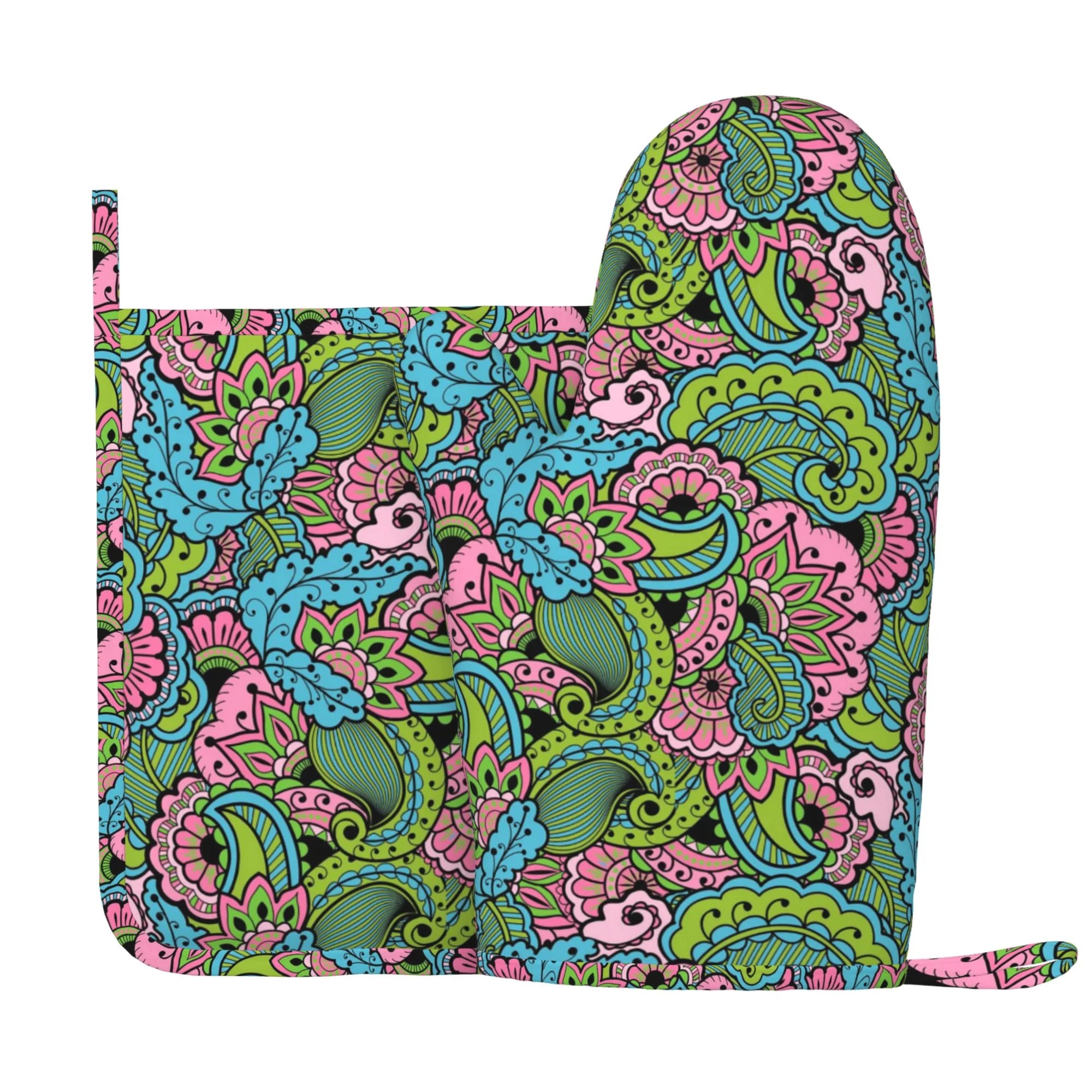XMXY Oven Mitts and Pot Holders 2 Pcs Sets, Pink Paisley Flower Art Heat Resistant Silicone Cooking Gloves for Grill Baking BBQ Kitchen Decor