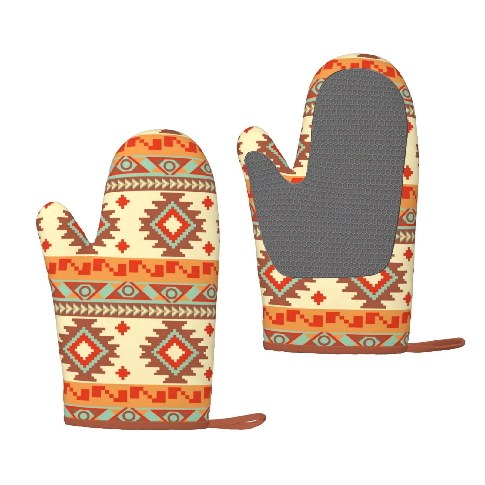 XMXT 2 Pcs Silicone Oven Mitts, Aztec Native Style Prints Thickened Non-Slip BBQ Gloves, Multicolor