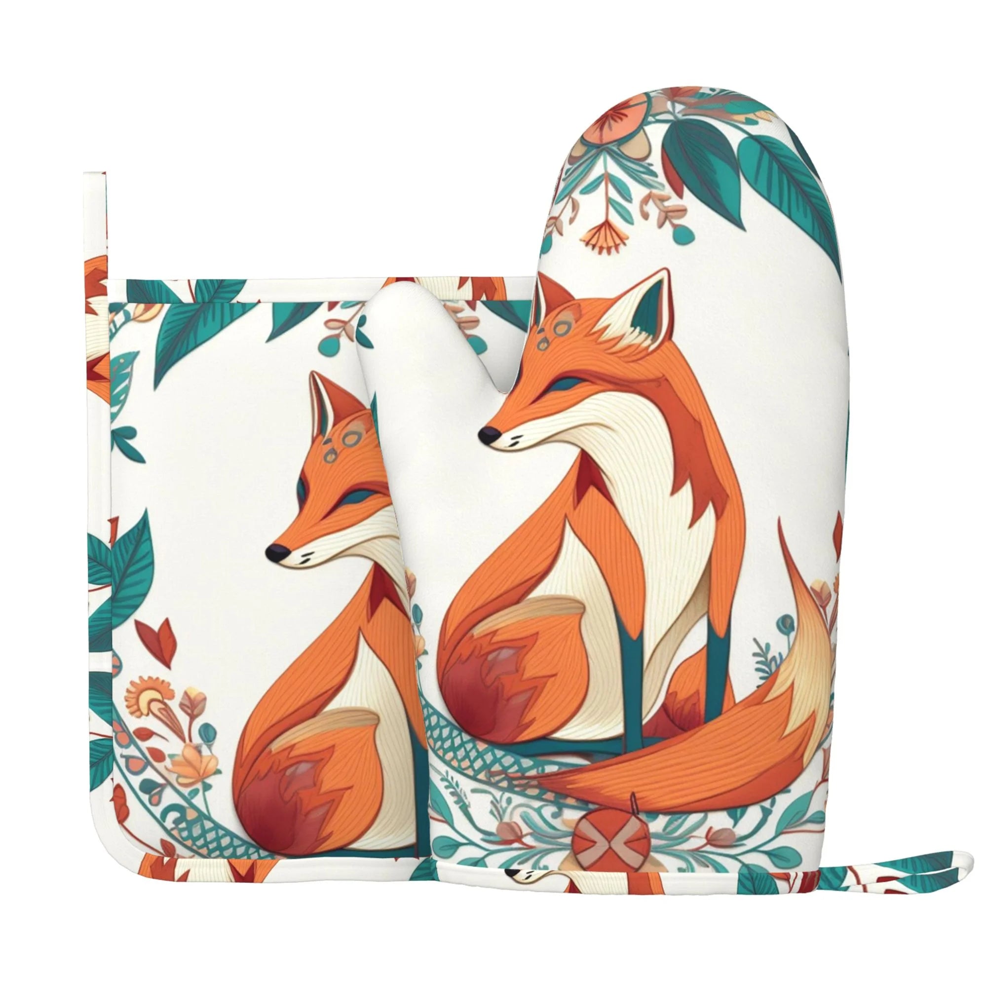 XMXY Oven Mitts and Pot Holders 2 Pcs Sets, Fox Animal Heat Resistant Silicone Cooking Gloves for Grill Baking BBQ Kitchen Decor