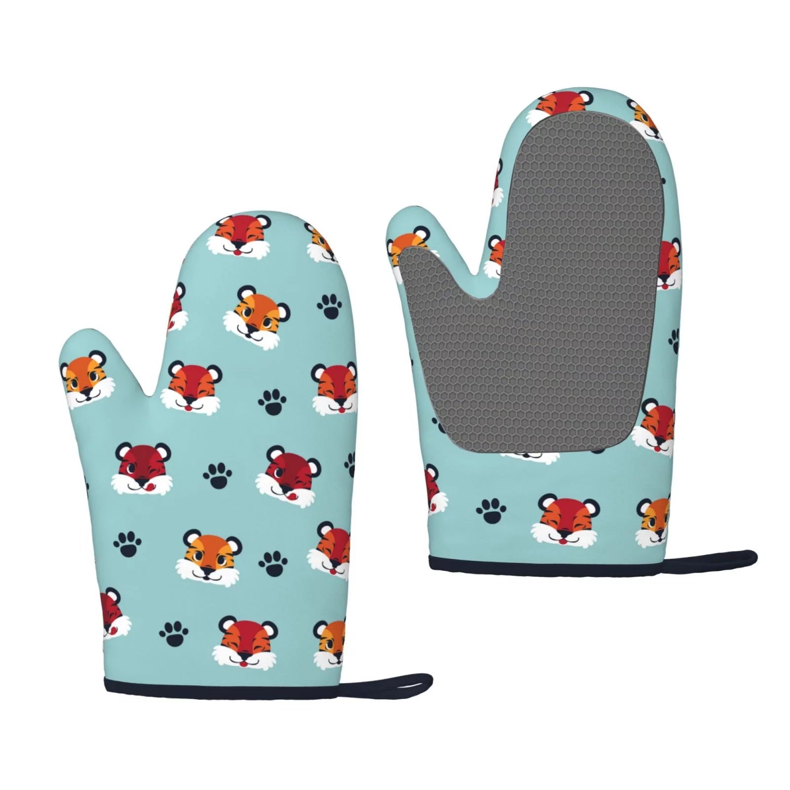 XMXT 2 Pcs Silicone Oven Mitts, Tiger Cute Paw Pattern Thickened Non-Slip BBQ Gloves, Blue