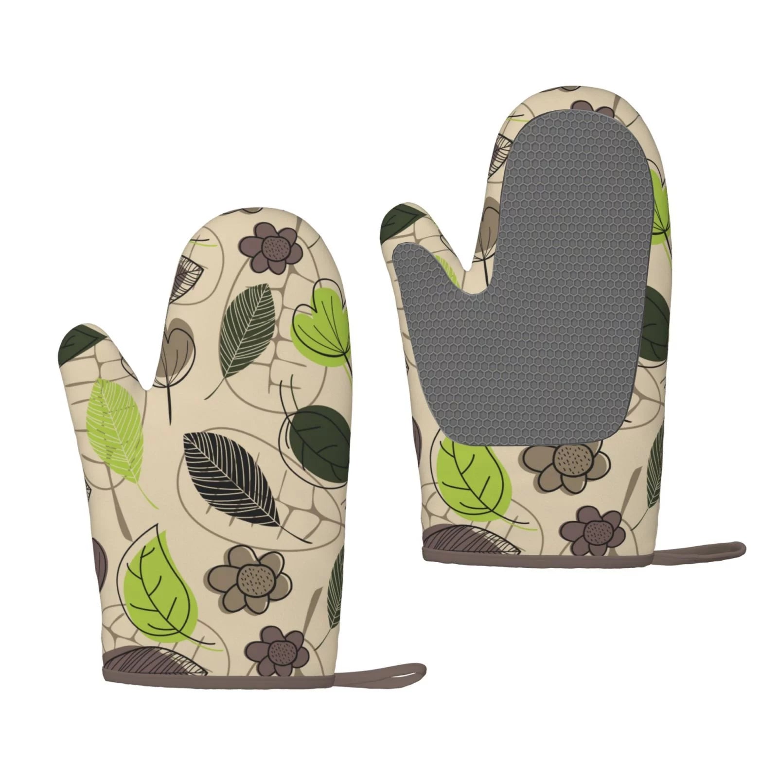 XMXT 2 Pcs Silicone Oven Mitts, Diverse Leaf Print Thickened Non-Slip BBQ Gloves, Brown