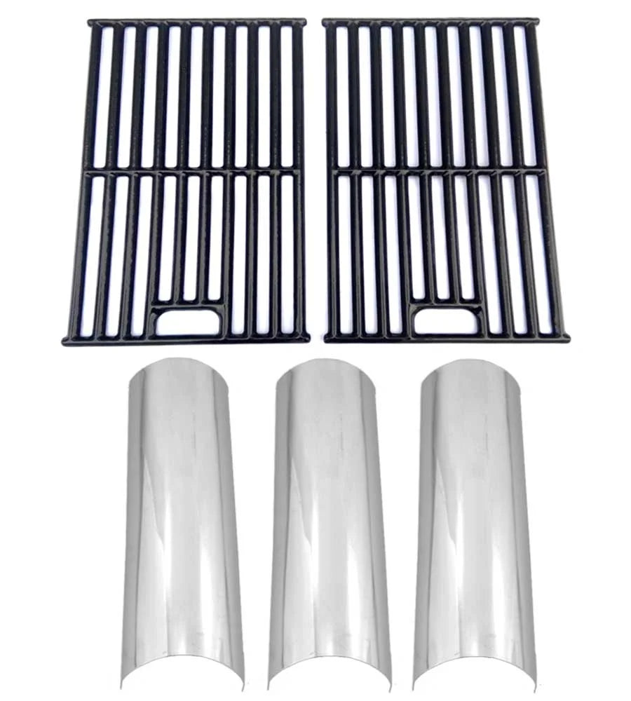 Replacement BBQ Parts for MASTER FORGE SH3118B Gas Grill Models Includes 3 Stainless Steel Heat Plates and Glossy Cast Iron Cooking Grates, Set of 2