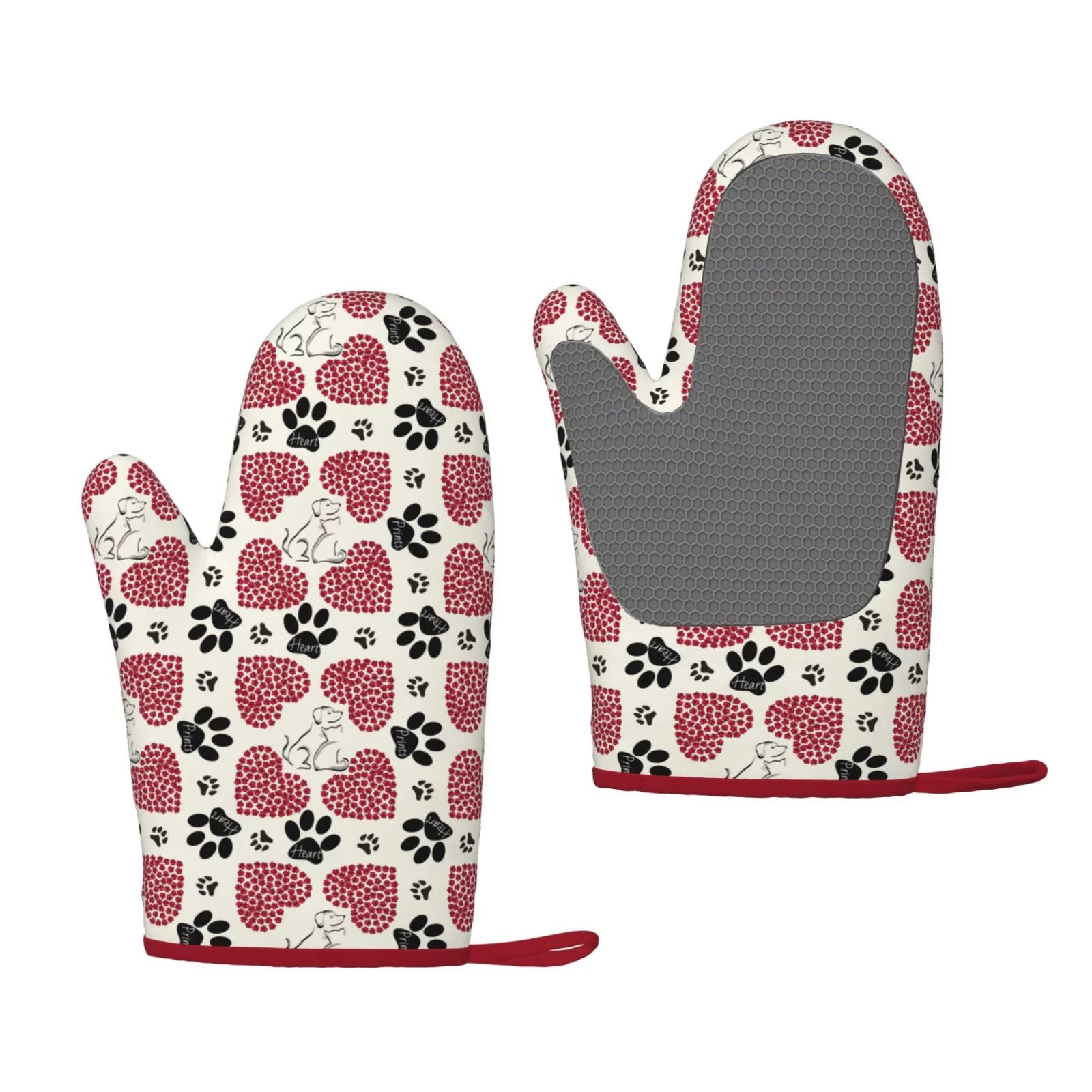 XMXT 2 Pcs Silicone Oven Mitts, Heart Pet Paw Print Thickened Non-Slip BBQ Gloves, Multicolor