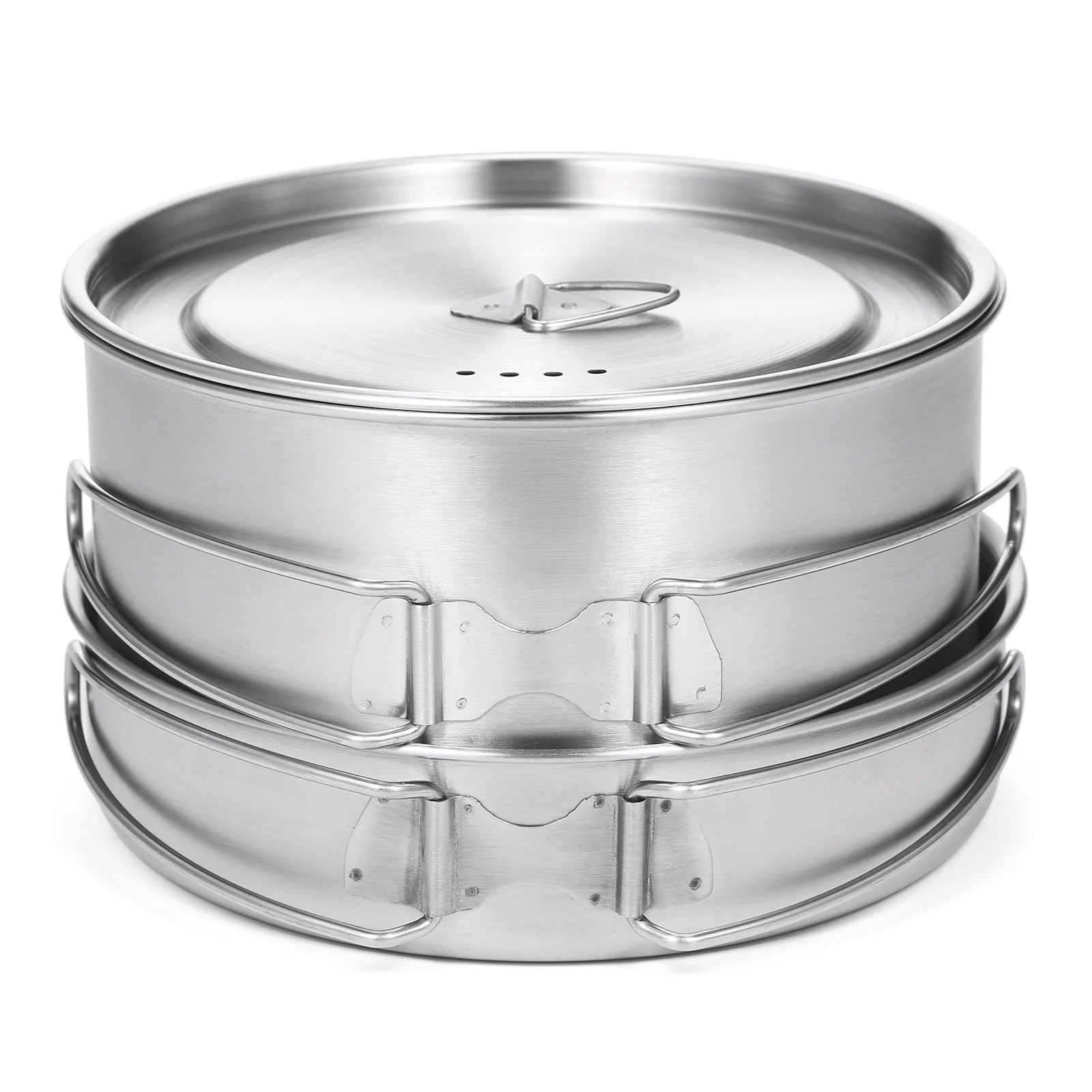 2pcs Camping Cookware Set Stainless Steel Pot Pan Cooking Set with Foldable Handles Mesh Carry Bag