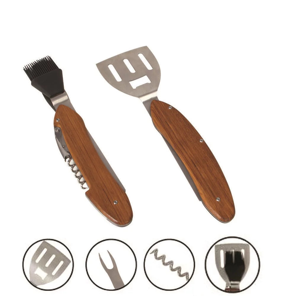 New Multifunction BBQ Grill Tool Set Spatula Fork Basting Brush Cork Screw Pack of 5