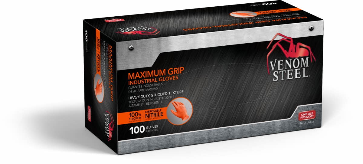 Venom Steel Maximum Grip Nitrile Gloves, 8 mil Thick, Raised Diamond Texture for Grip, Puncture and Rip Resistant, Hi-Visibility Orange, One Size Fits Most, 100 Count