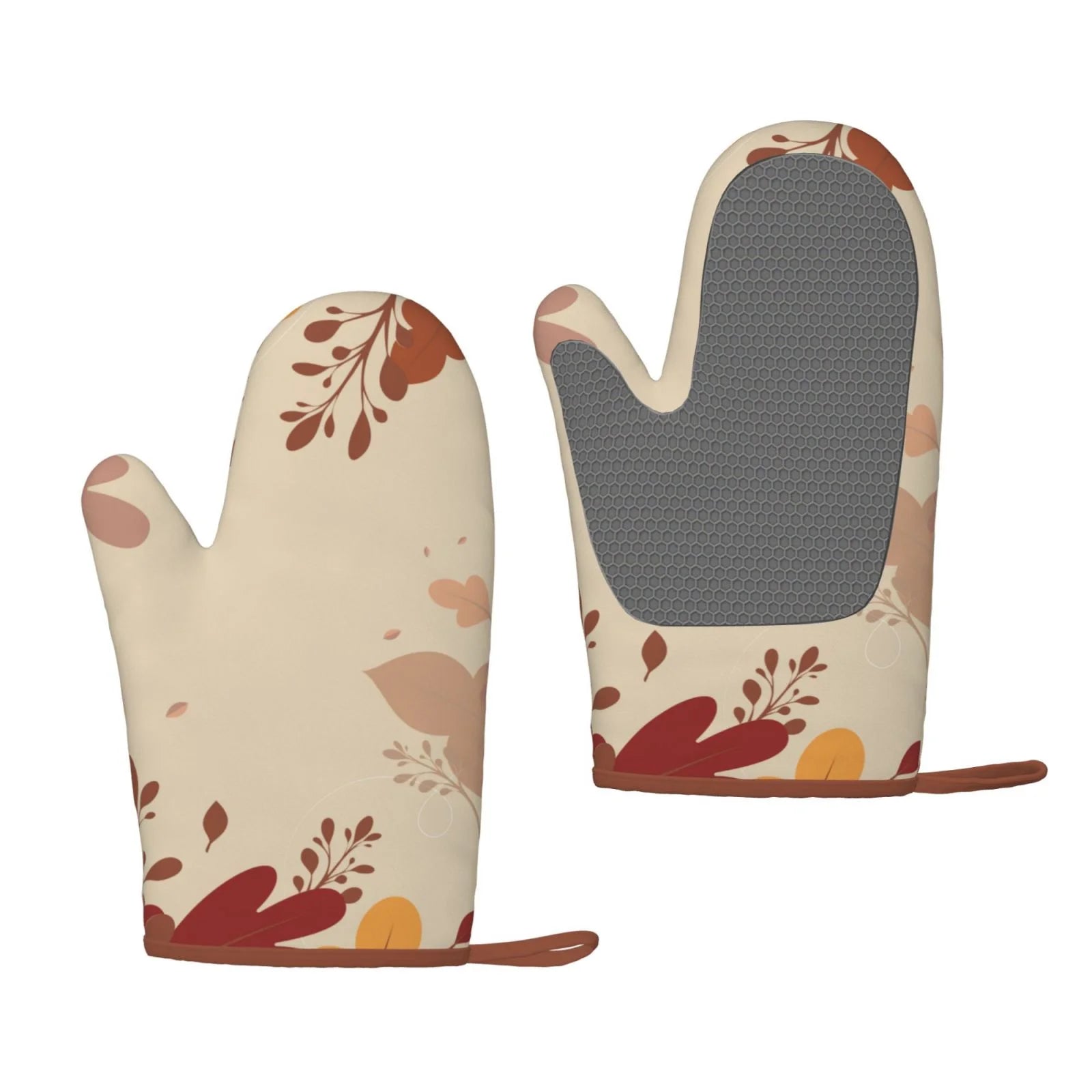 XMXT 2 Pcs Silicone Oven Mitts, Flower's Party Deep Beige Thickened Non-Slip BBQ Gloves, Beige
