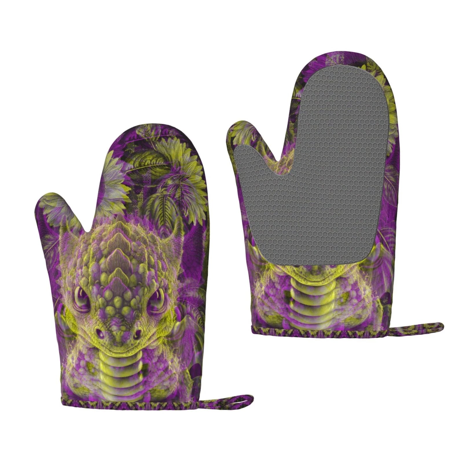 XMXT 2 Pcs Silicone Oven Mitts, Fashion Flag Dinosaur Pattern Thickened Non-Slip BBQ Gloves, Multicolor