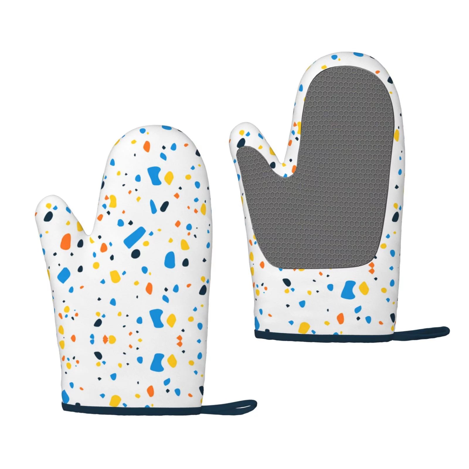 XMXT 2 Pcs Silicone Oven Mitts, Orange Blue Terrazzo Prints Thickened Non-Slip BBQ Gloves, White