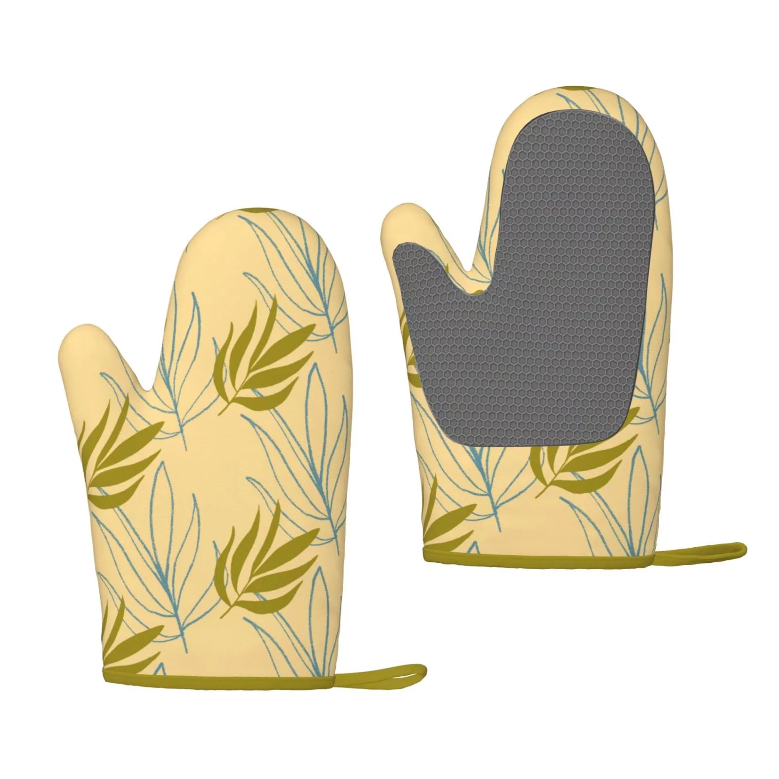 XMXT 2 Pcs Silicone Oven Mitts, Leaves Autumn Prints Thickened Non-Slip BBQ Gloves, Yellow