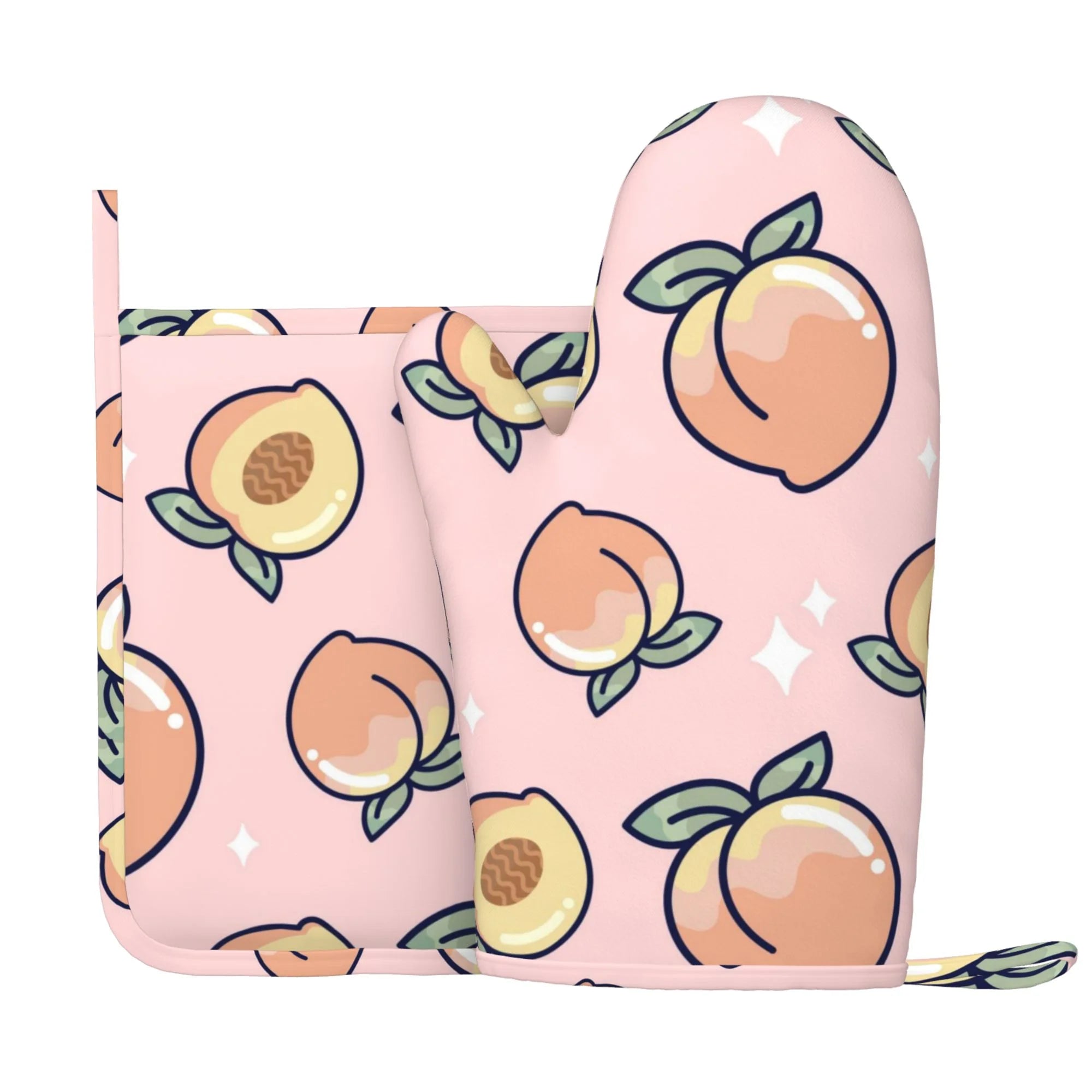 XMXY Oven Mitts and Pot Holders 2 Pcs Sets, Peach Fruit Decorative Heat Resistant Silicone Cooking Gloves for Grill Baking BBQ Kitchen Decor