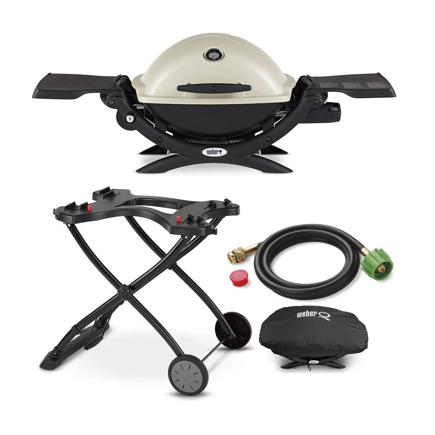 Weber Q1200 Liquid Propane Grill (Titanium) with Portable Cart, Adapter Hose and Grill Cover