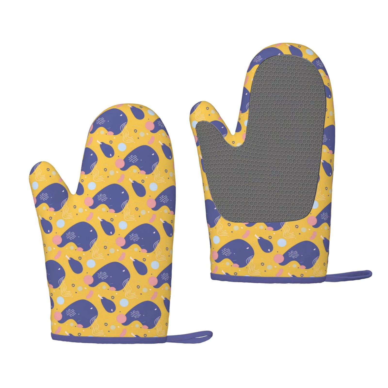 XMXT 2 Pcs Silicone Oven Mitts, Yellow Abstract Geometric Elements Thickened Non-Slip BBQ Gloves, Yellow