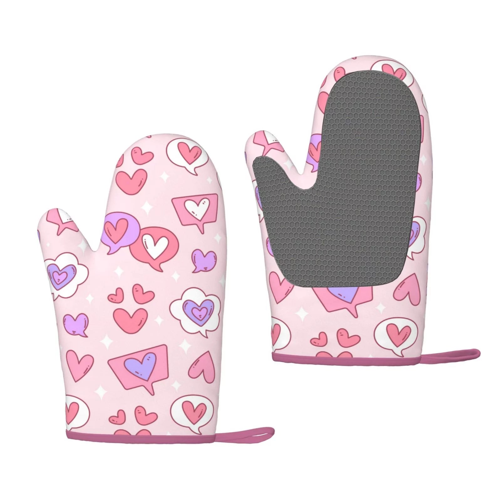 XMXT 2 Pcs Silicone Oven Mitts, Love Heart Pink Candy Thickened Non-Slip BBQ Gloves, Pink