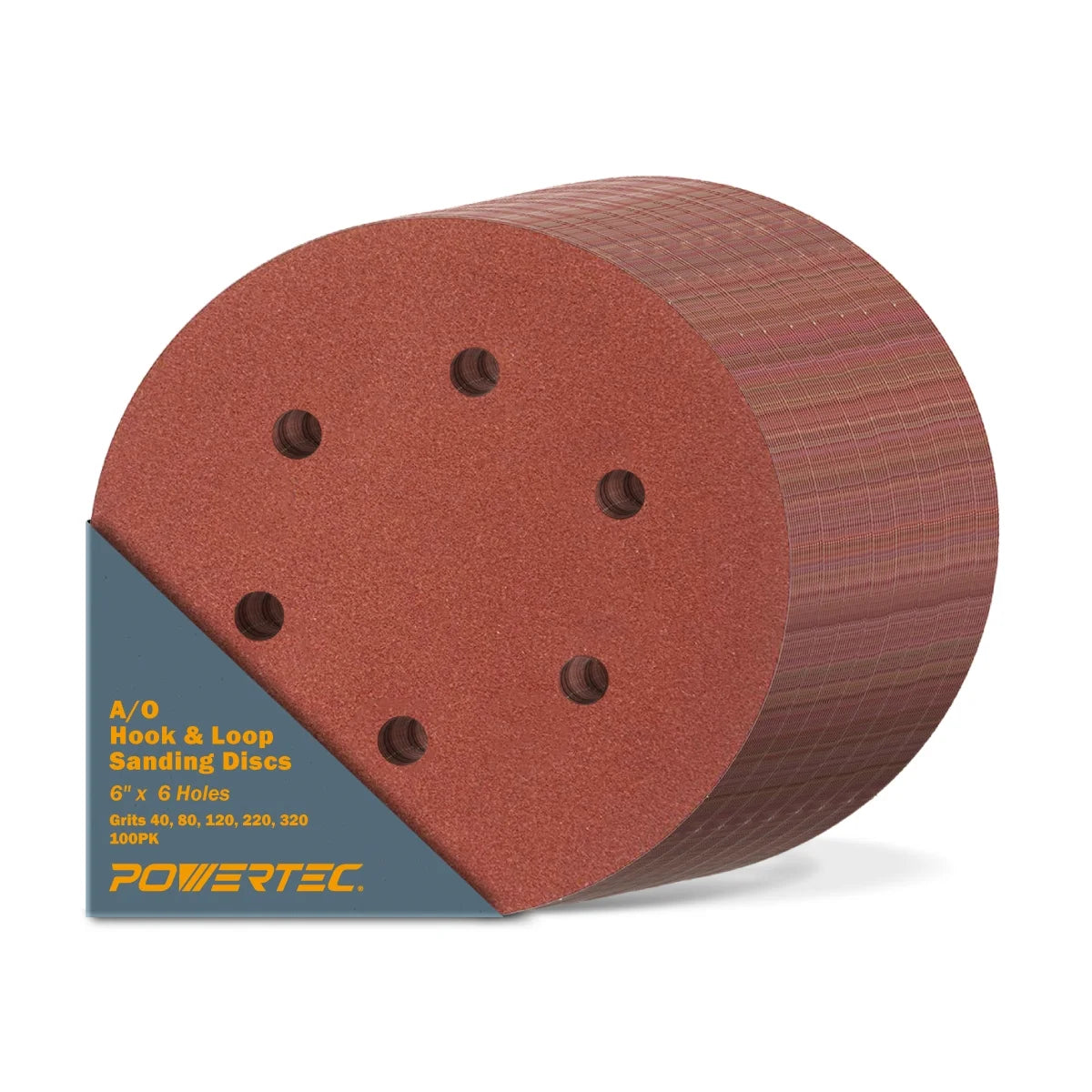 POWERTEC 45200 A/O Hook and Loop 6 Hole Disc, 6-Inch, Assortment Grits 40, 80, 120, 220, 320, Red, 100-Pack