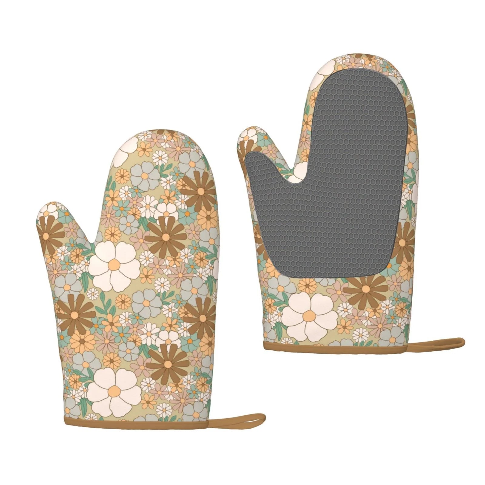 XMXT 2 Pcs Silicone Oven Mitts, Retro Floral Design Print Thickened Non-Slip BBQ Gloves, Multicolor