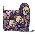 XMXY Oven Mitts and Pot Holders 2 Pcs Sets, Skulls Flowers Heat Resistant Silicone Cooking Gloves for Grill Baking BBQ Kitchen Decor