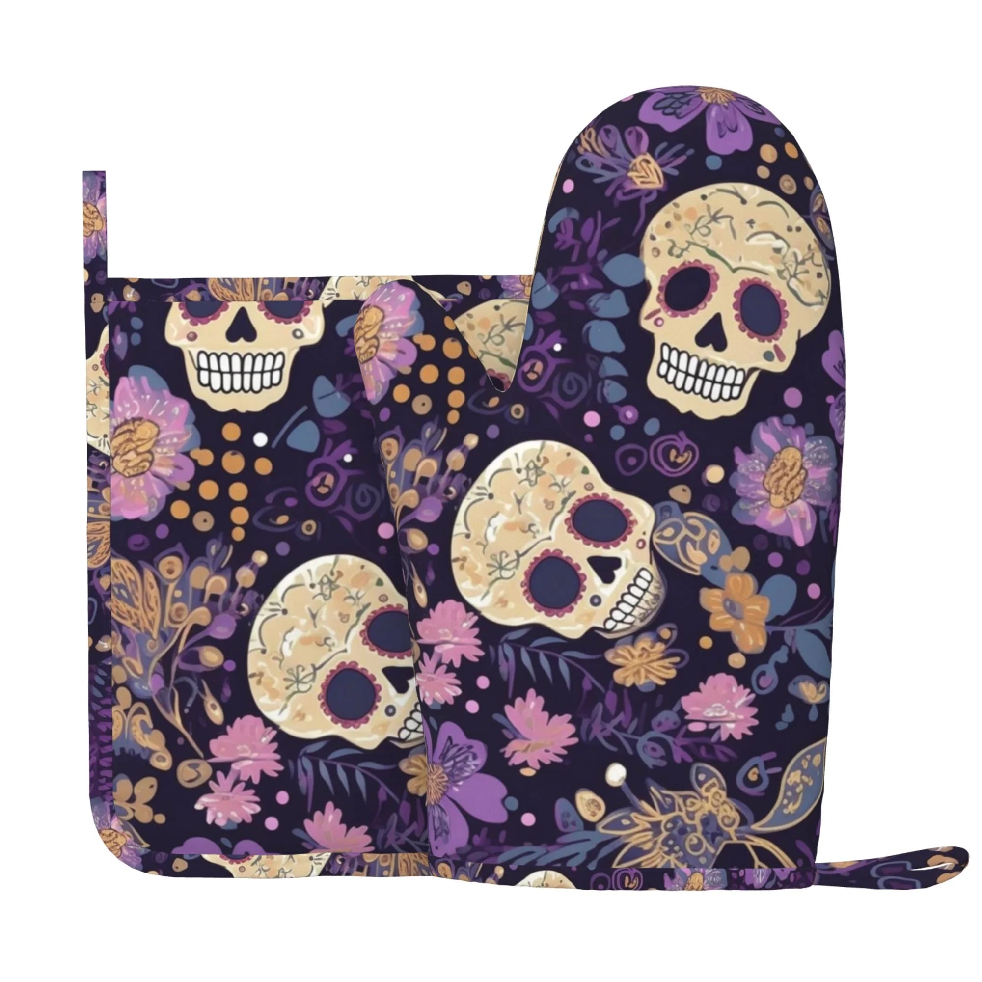 XMXY Oven Mitts and Pot Holders 2 Pcs Sets, Skulls Flowers Heat Resistant Silicone Cooking Gloves for Grill Baking BBQ Kitchen Decor