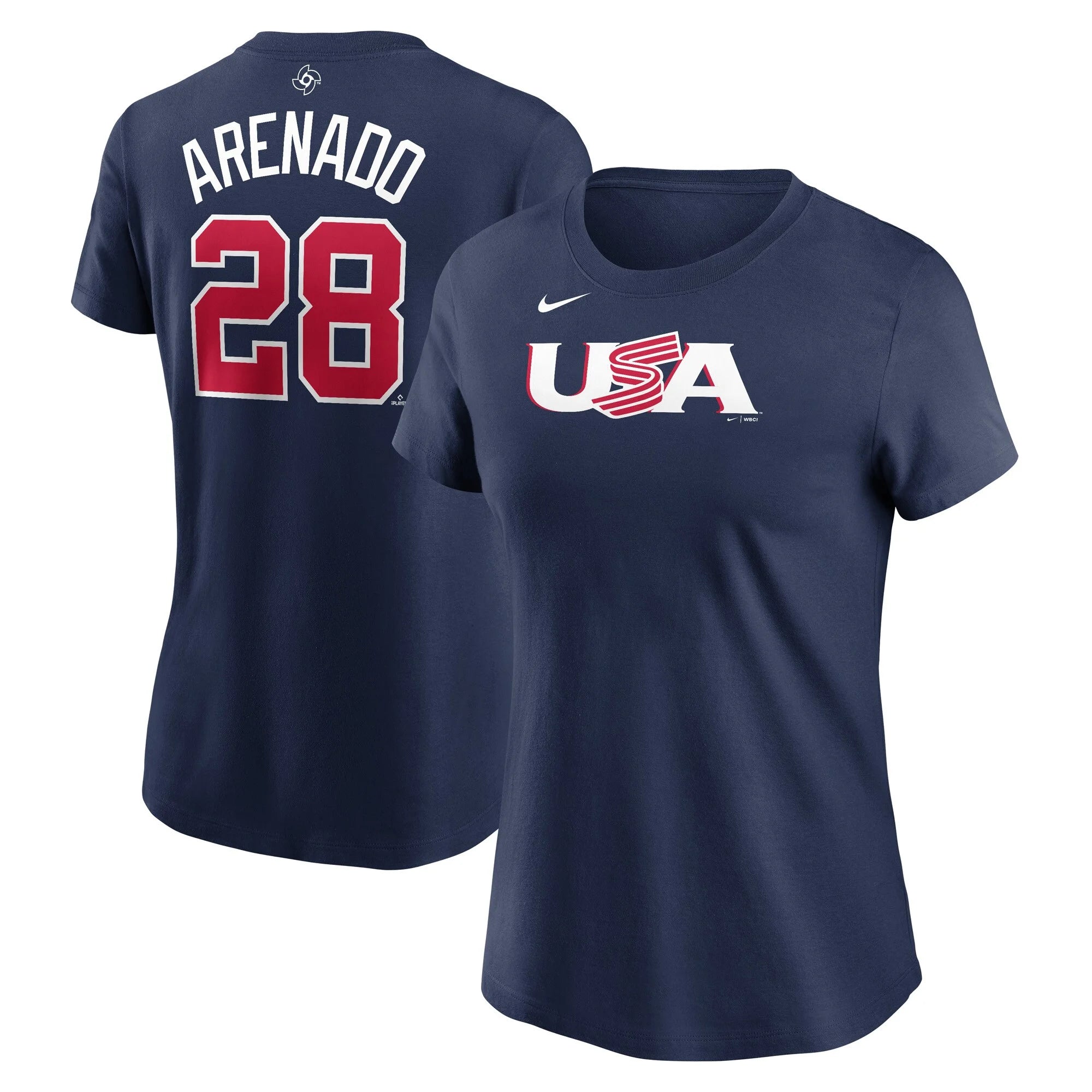 Women's Nike Nolan Arenado Navy USA Baseball 2023 World Baseball Classic Name & Number T-Shirt