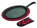 Lodge Cast Iron Fajita Set with Red Stained Wooden Underliner & Handle Mitt, 3 Piece