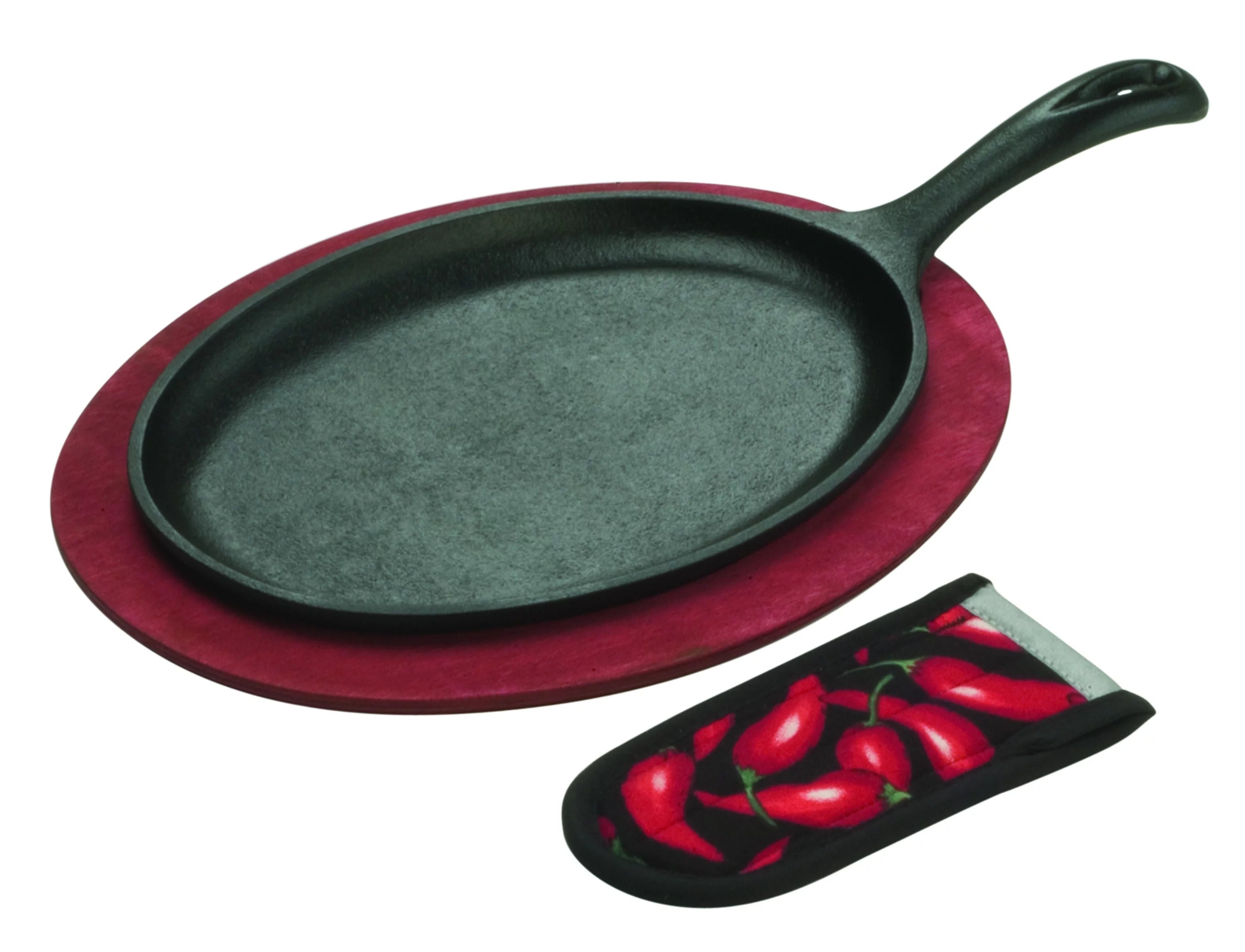 Lodge Cast Iron Fajita Set with Red Stained Wooden Underliner & Handle Mitt, 3 Piece