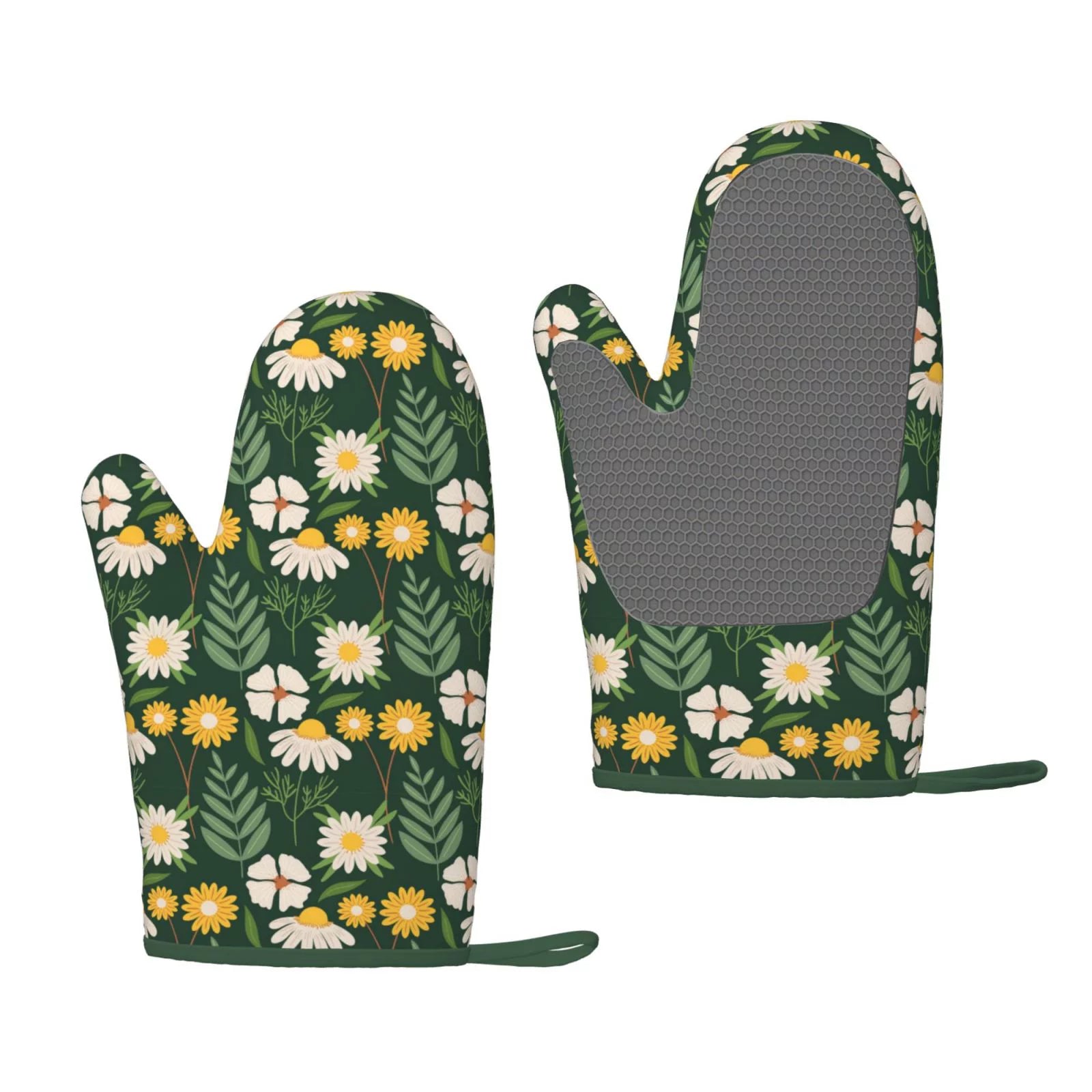 XMXT 2 Pcs Silicone Oven Mitts, Small Daisy Floral Pattern Thickened Non-Slip BBQ Gloves, Green