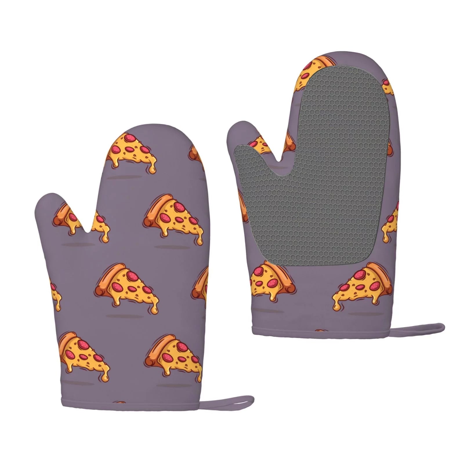 XMXT 2 Pcs Silicone Oven Mitts, Melting Cheese Pizza Purple Thickened Non-Slip BBQ Gloves, Purple