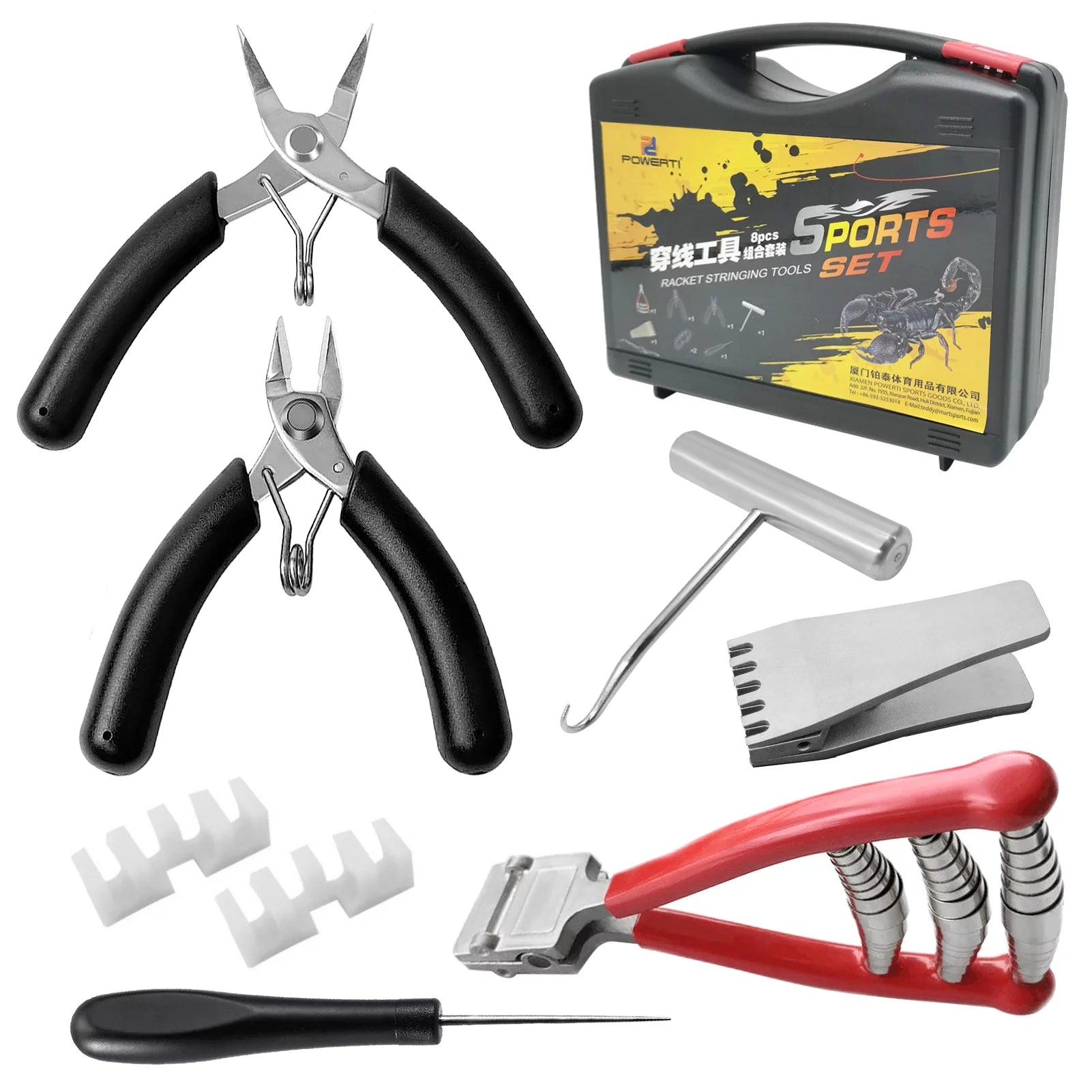POWERTI Badminton Racket Stringing Combo Tools with Starting Clamp Stringing Hook Bent Nose Pliers Flying Clamp Straight Awl