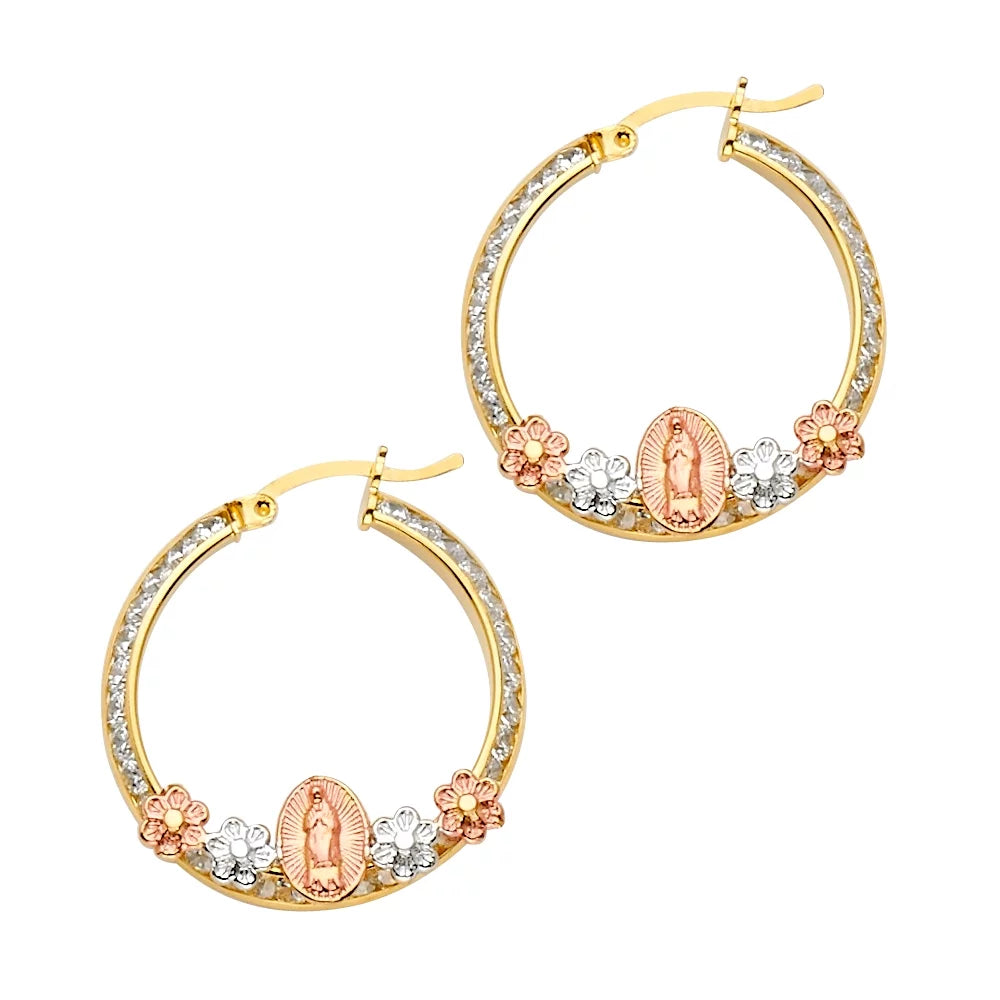 Wellingsale Ladies 14k 3 Tri Color White Yellow and Rose Gold Polished Guadalupe CZ Cubic Zirconia Channel Hoop Earring (22 x 22 mm)