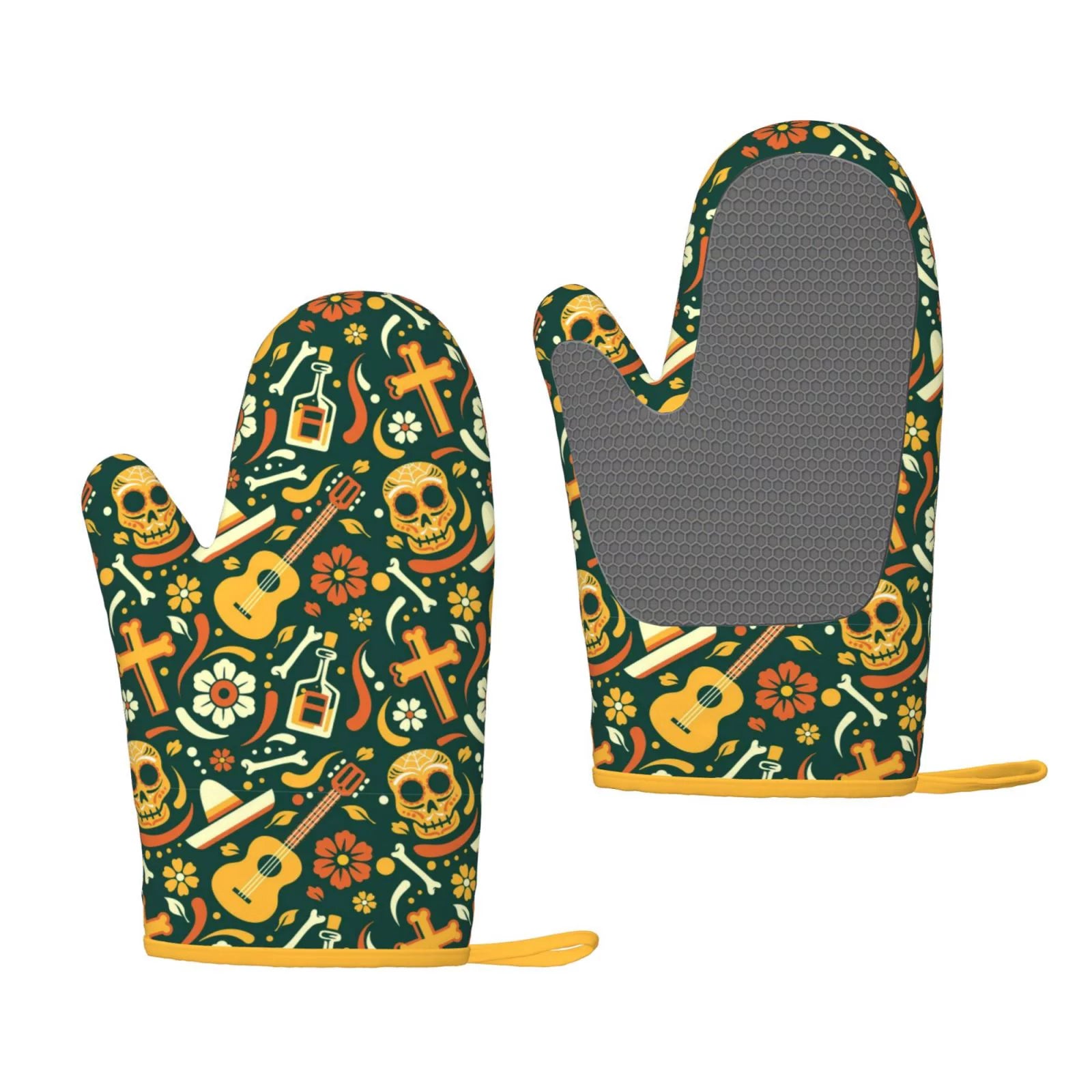 XMXT 2 Pcs Silicone Oven Mitts, Undead Skeleton Print Thickened Non-Slip BBQ Gloves, Green