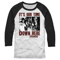 Men's The Goonies It's Our Time Down Here  Baseball Graphic Tee White/Black Large
