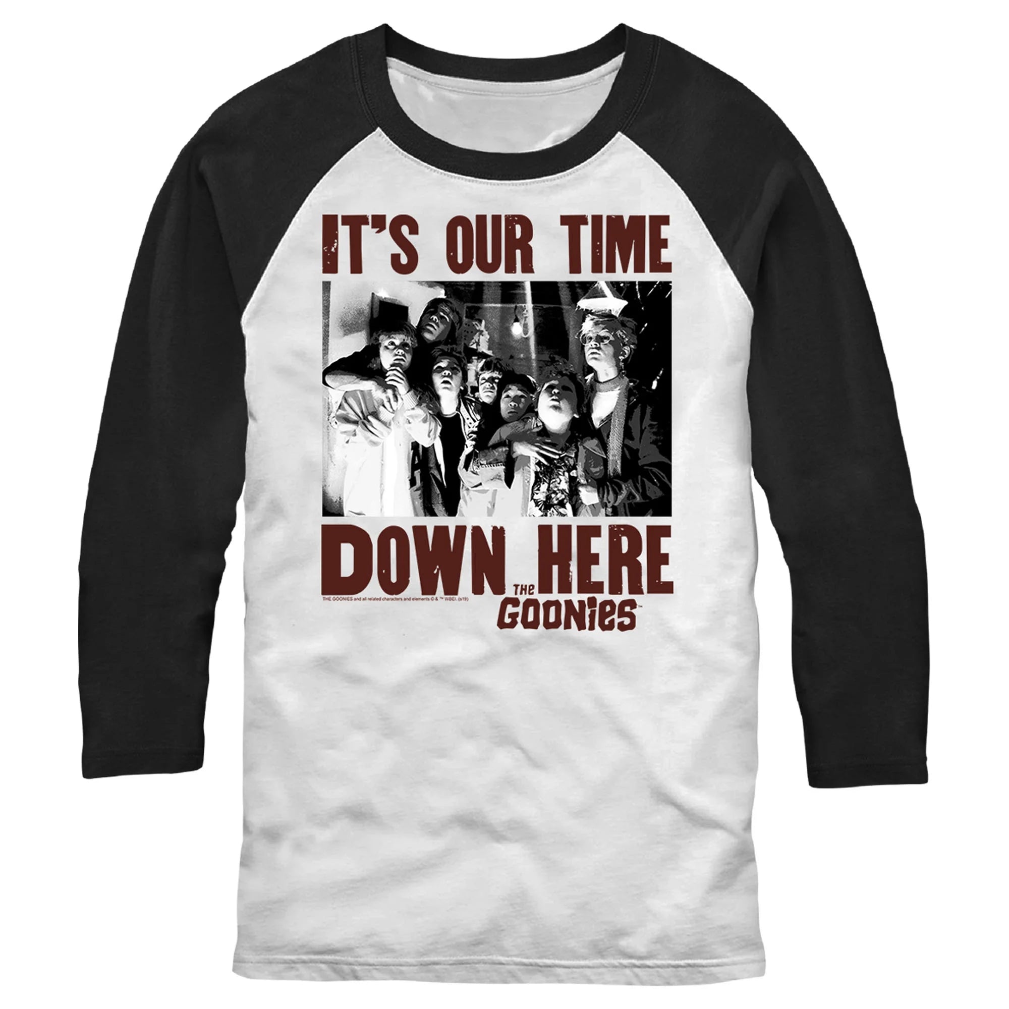 Men's The Goonies It's Our Time Down Here  Baseball Graphic Tee White/Black Large