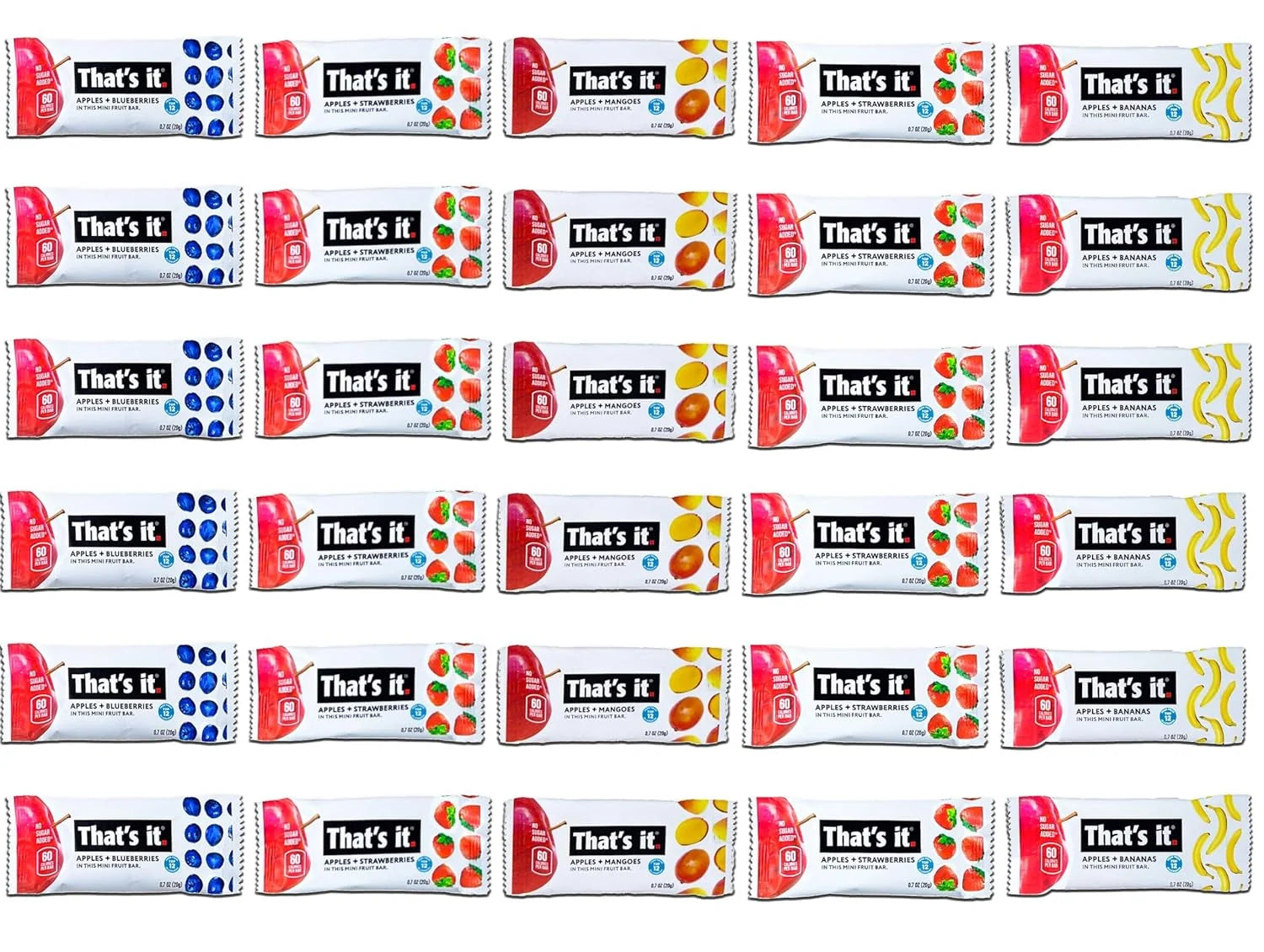That's It Bulk Variety Pack - 30 Count All Natural Real Mini Fruit Bars, 5 Flavor Assortment Apple With - Mango, Banana, Strawberry, Blueberry And Fig, No Sugar Added High Fiber Vegan Snack For Kids &