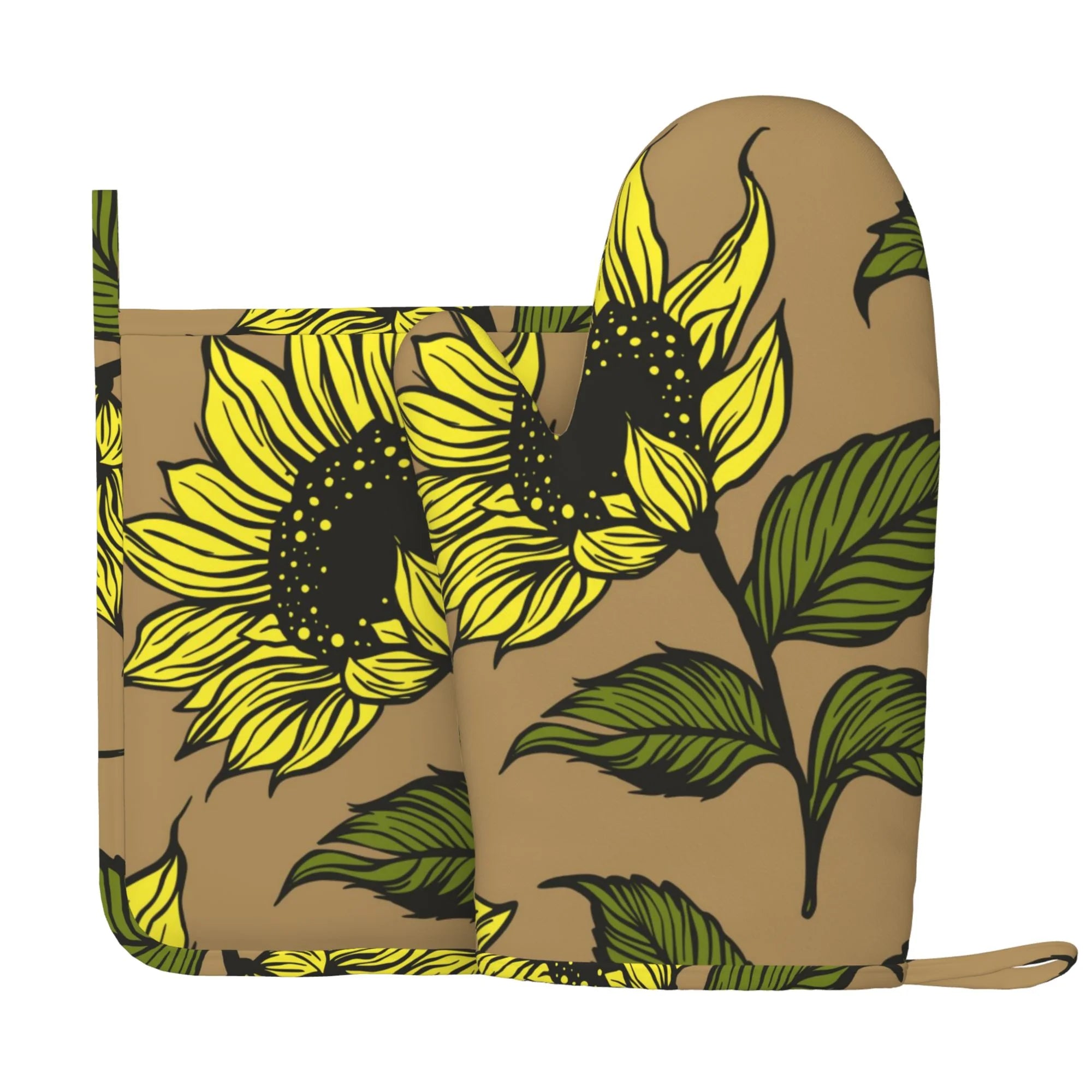 XMXY Oven Mitts and Pot Holders 2 Pcs Sets, Yellow Sunflower Floral Art Heat Resistant Silicone Cooking Gloves for Grill Baking BBQ Kitchen Decor