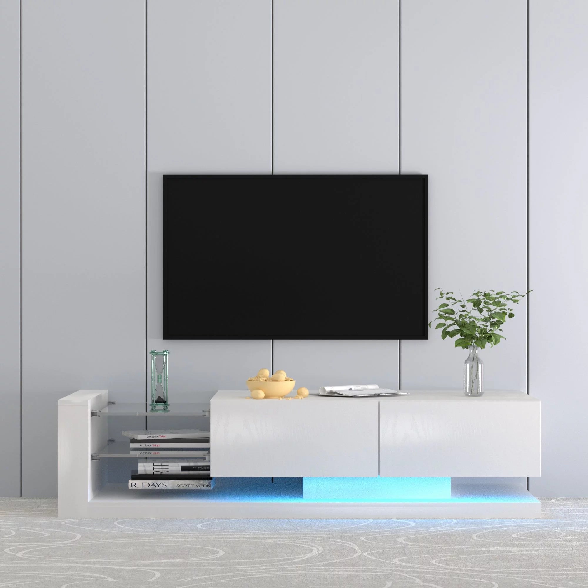 Tansole Modern LED TV Stand for 50 55 65 70 75 80 85inch TV, Entertainment Center with Open Storage and 2 Storage Cabinet, TV Console Media Stand with High Glossy for Bedroom, Living Room