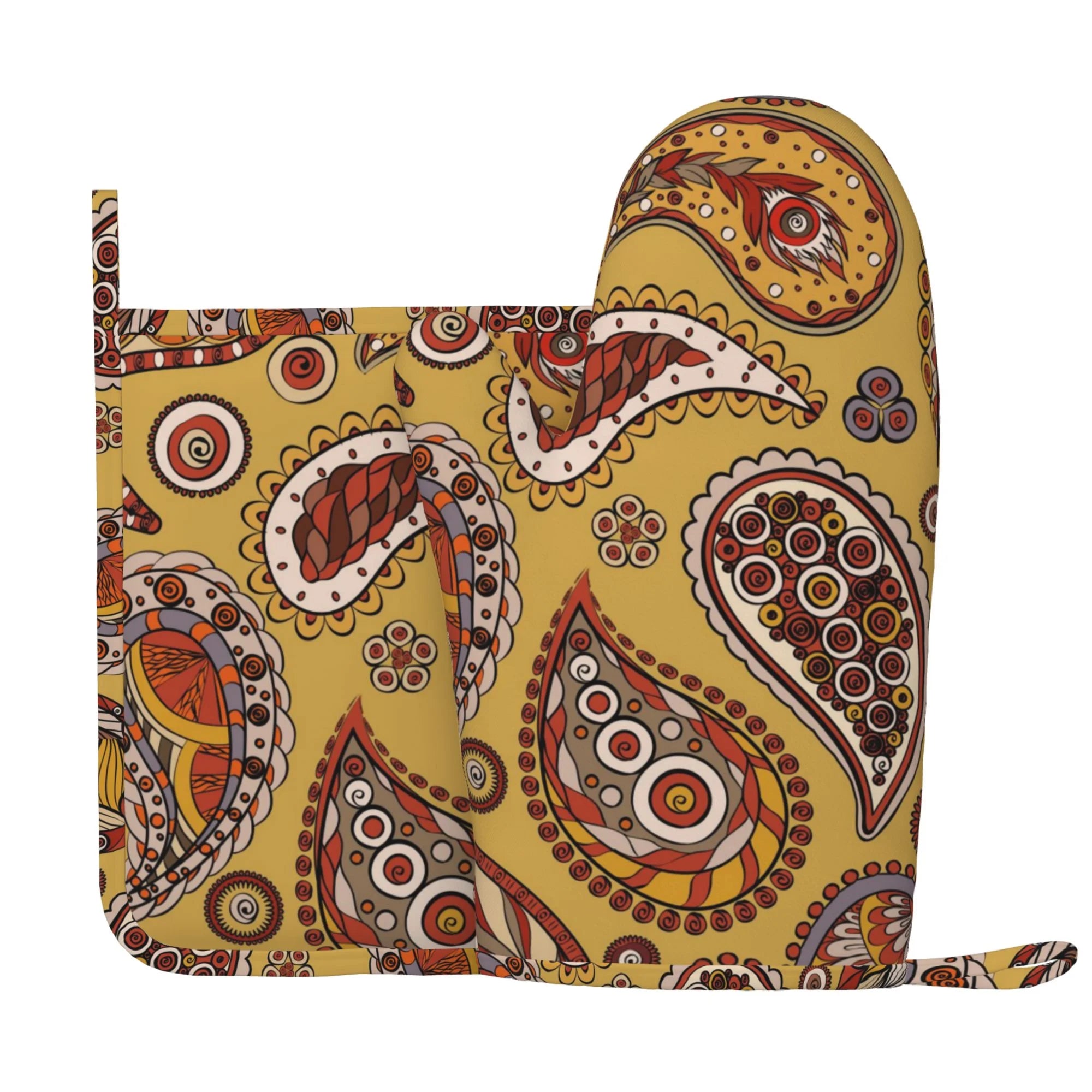 XMXY Oven Mitts and Pot Holders 2 Pcs Sets, Ethnic Paisley Orange Swirl Heat Resistant Silicone Cooking Gloves for Grill Baking BBQ Kitchen Decor