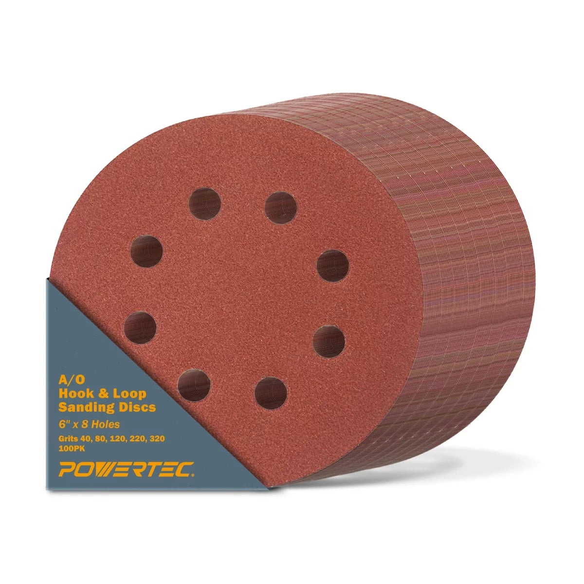 POWERTEC 45100 A/O Hook and Loop 8 Hole Disc, 6-Inch, Assortment Grits 40, 80, 120, 220, 320, Red, 100-Pack