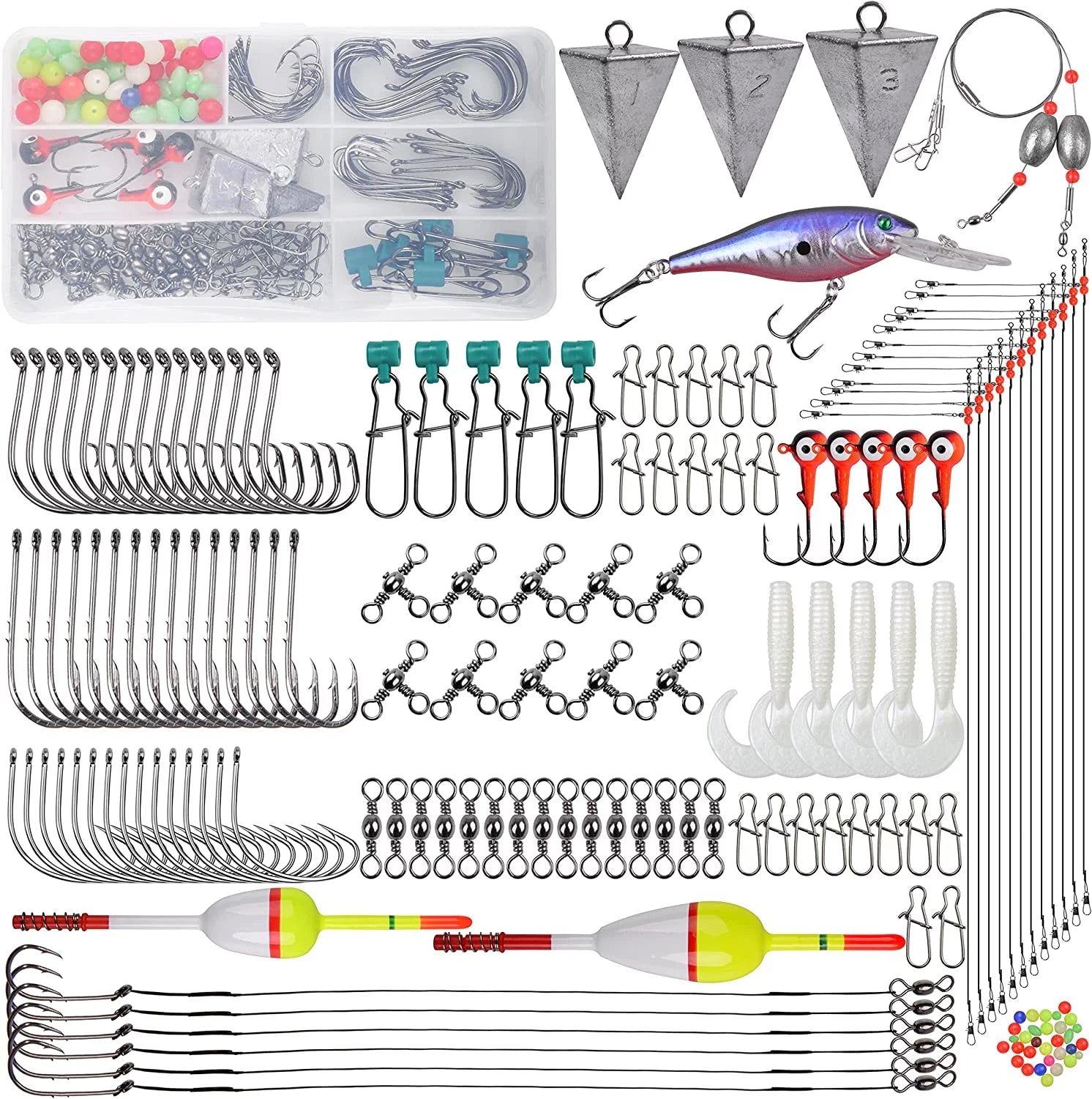 Saltwater Lures Surf Fishing Tackle Box Kit, 161pcs Ocean Beach Fishing Equipment Accessories Fishing Bait Rigs Lures Wire Line Monnow Hooks Swivels