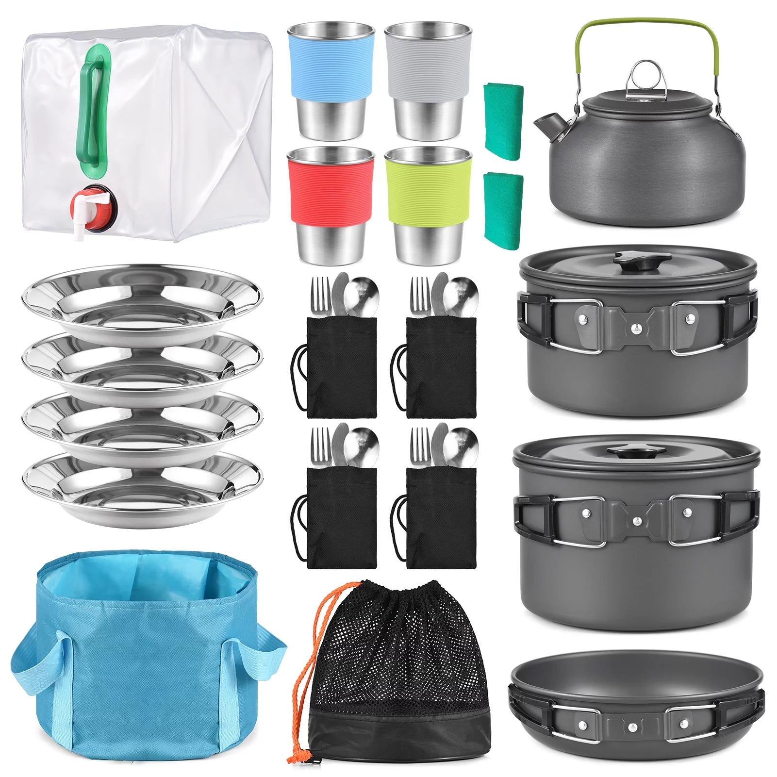 Lixada Cookware Set, Portable Tableware for Family Hiking Travel, Collapsible Bowl Pan Knife Fork