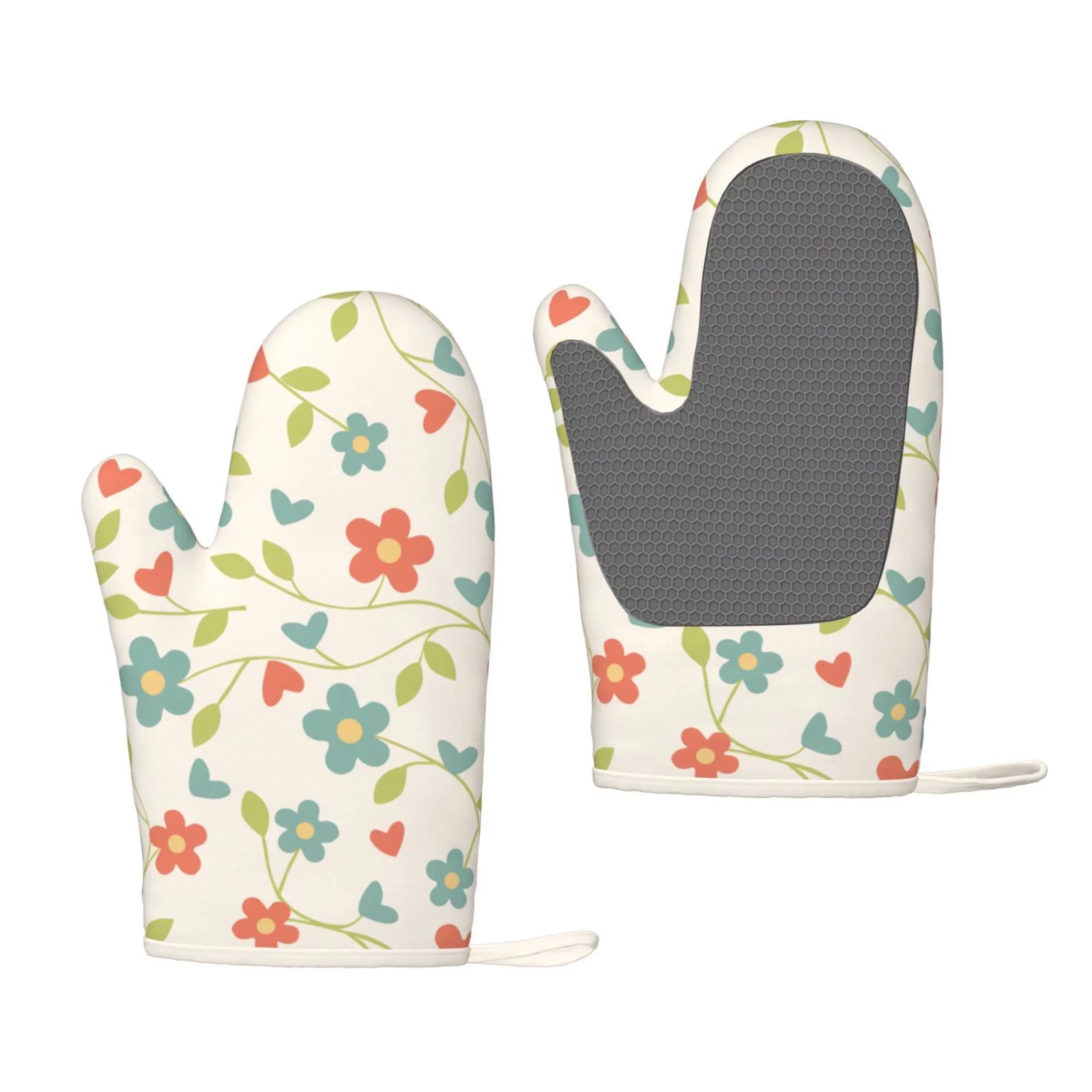 XMXT 2 Pcs Silicone Oven Mitts, Abstract Floral Print Thickened Non-Slip BBQ Gloves, Beige
