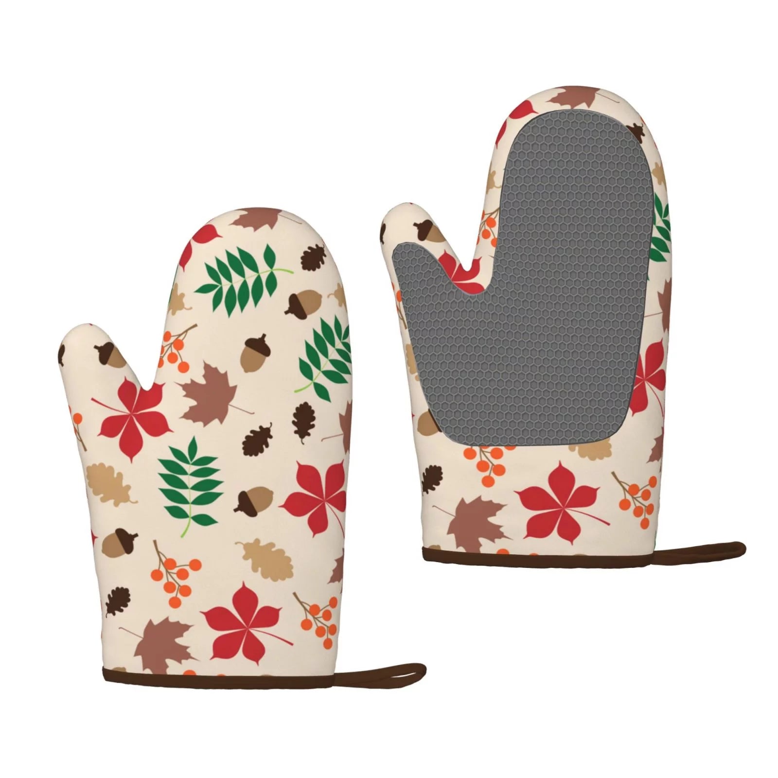XMXT 2 Pcs Silicone Oven Mitts, Autumn Maple Leaf Print Thickened Non-Slip BBQ Gloves, Brown