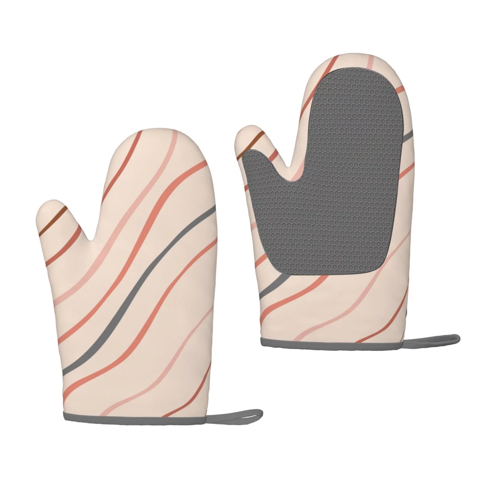 XMXT 2 Pcs Silicone Oven Mitts, Colorful Abstract Lines Thickened Non-Slip BBQ Gloves, Beige