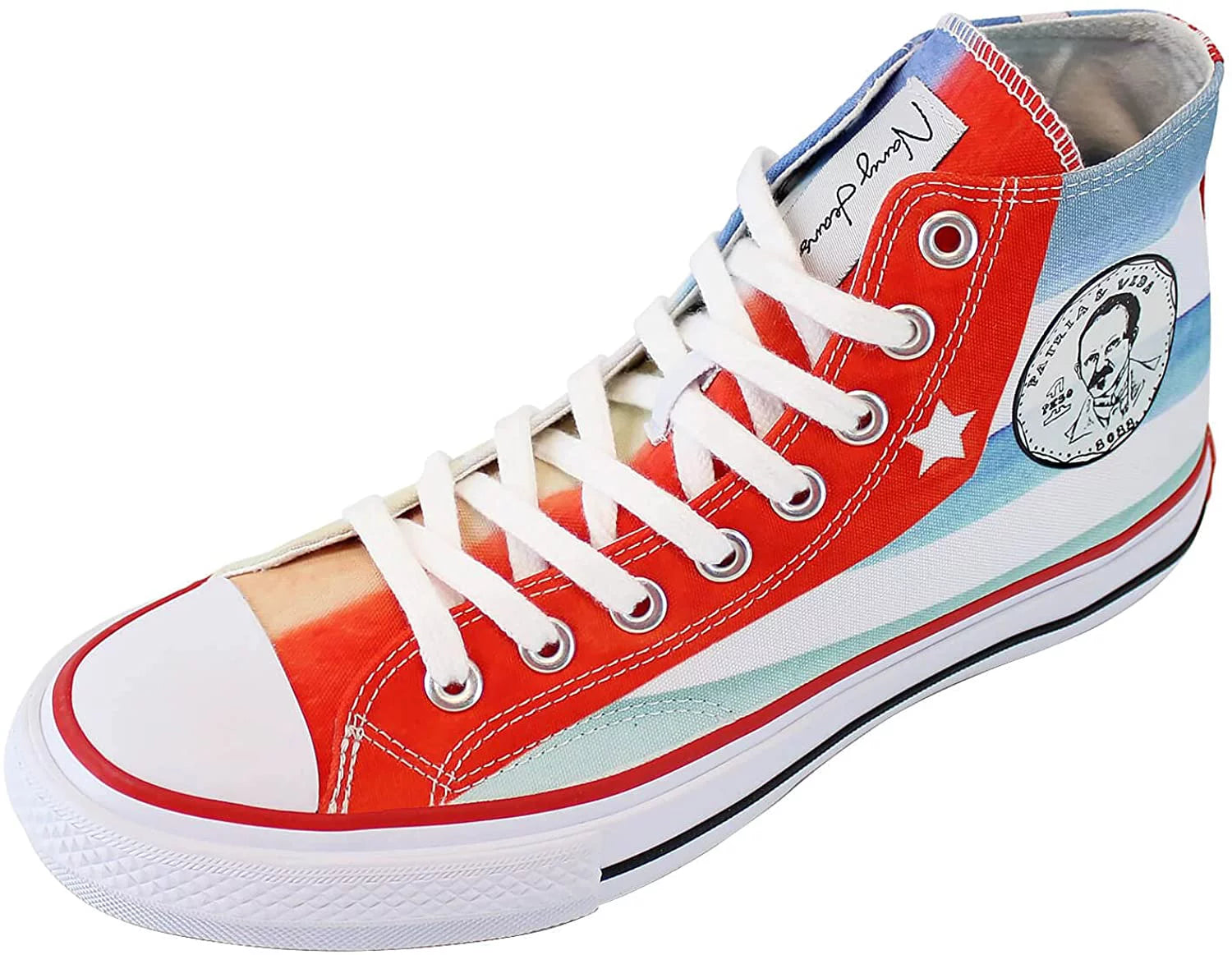 NANY JEANS Patria y Vida Canvas Shoes with Cuban Flag and Jose Marti. Unisex High Tops with Patria y Vida Flag White Sneakers