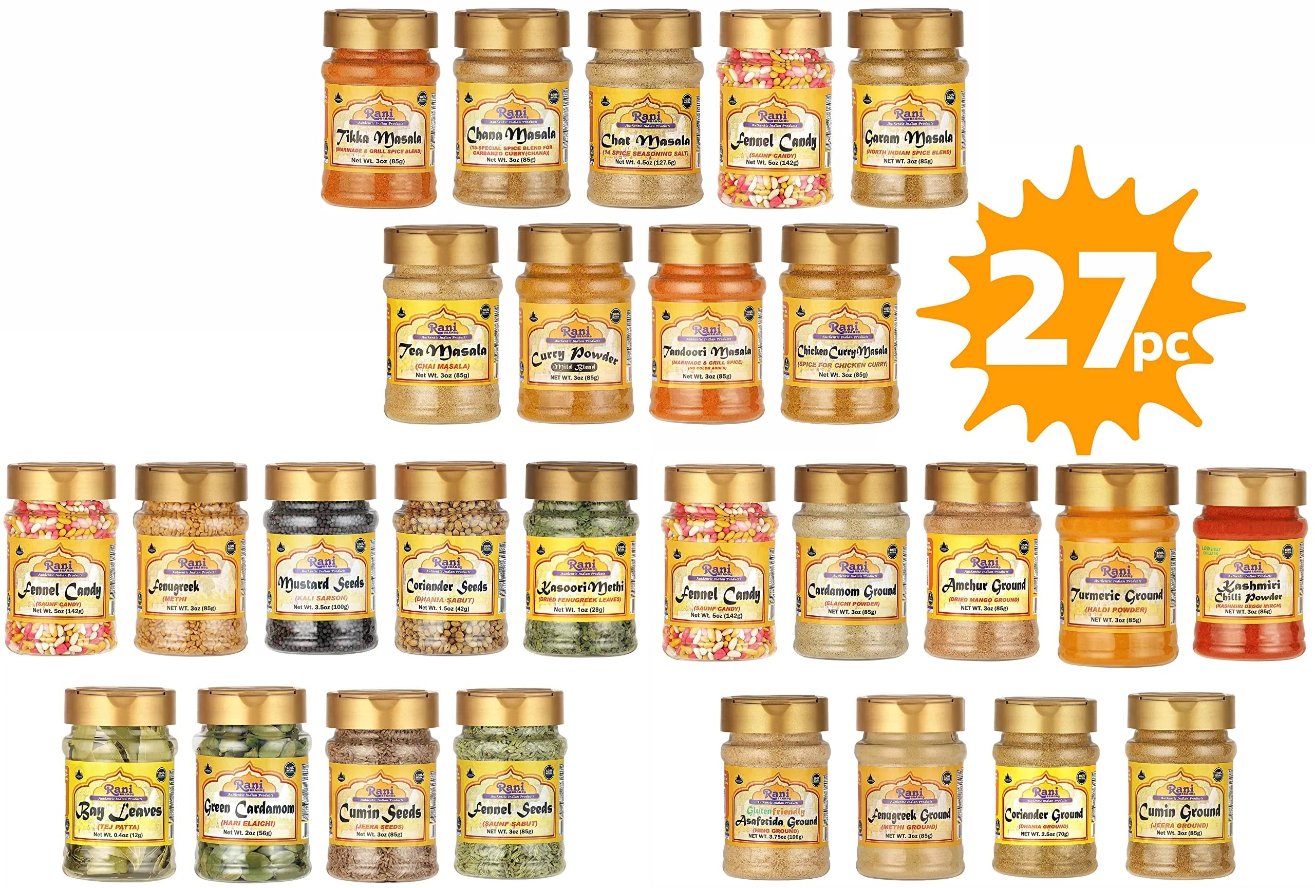 Rani Brand 3-in-1 Essential Indian Spices Gift Box Set (Masala, Ground & Whole) 27 Bottles, Indian Cooking, Makes a Great Gift!