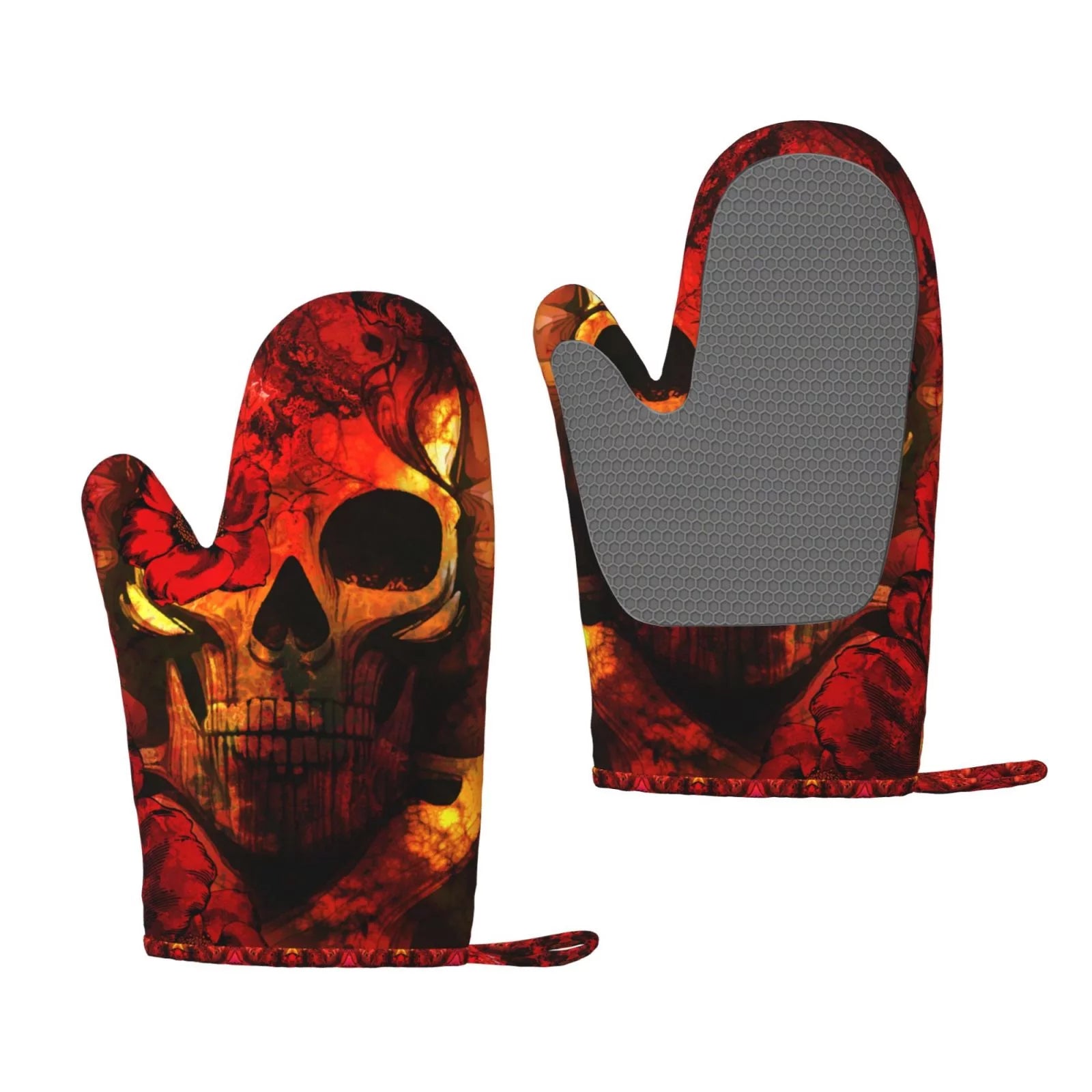 XMXT 2 Pcs Silicone Oven Mitts, Colorful Skull Print Thickened Non-Slip BBQ Gloves, Red