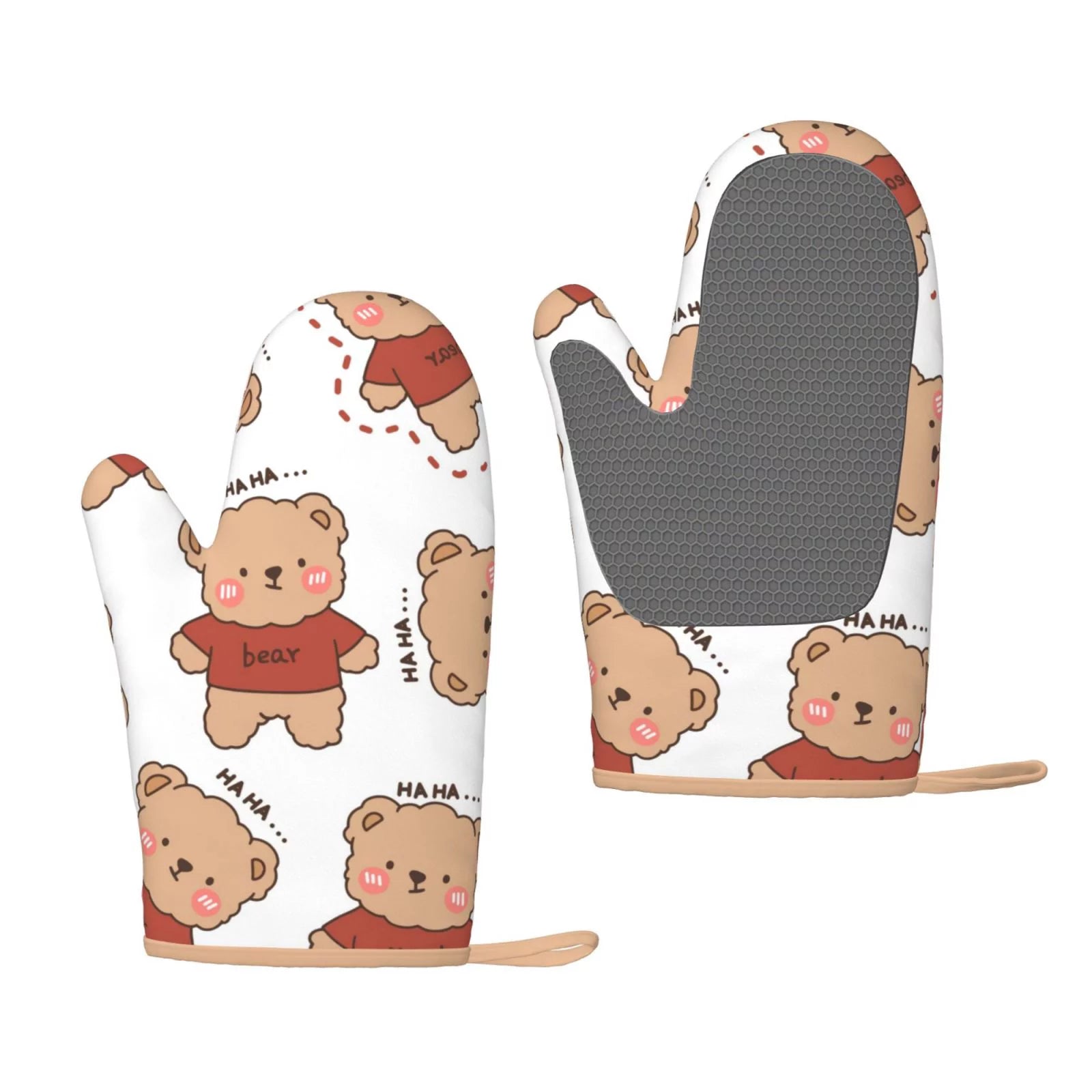 XMXT 2 Pcs Silicone Oven Mitts, Cartoon Teddy Bear Print Thickened Non-Slip BBQ Gloves, White