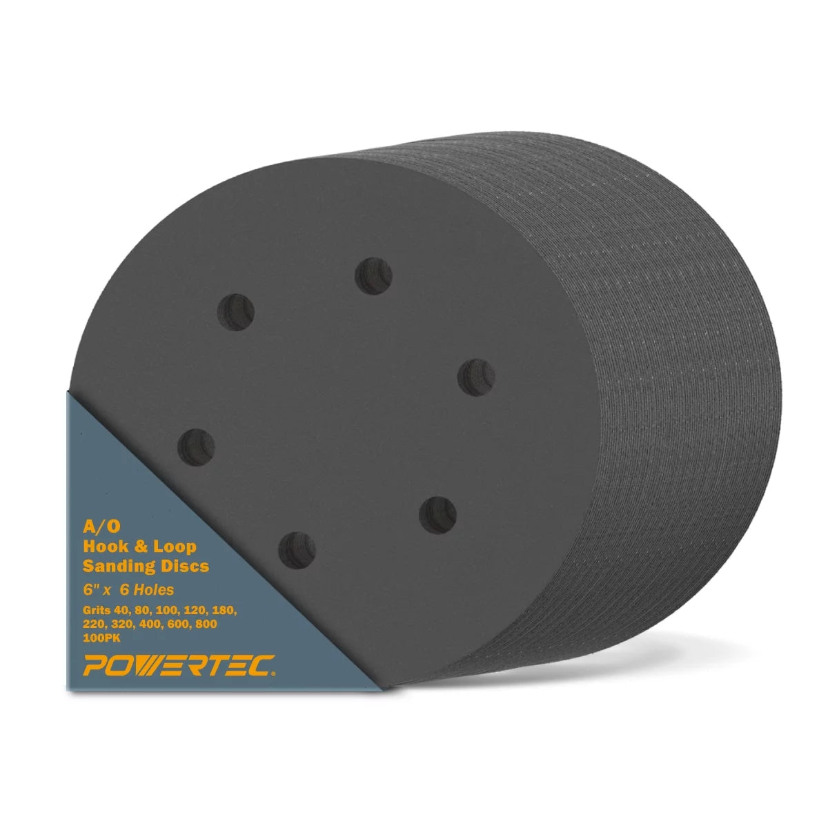 POWERTEC 4D14600 6-Inch A/O Hook and Loop / Back Film 6 Hole Disc, 100-Pack